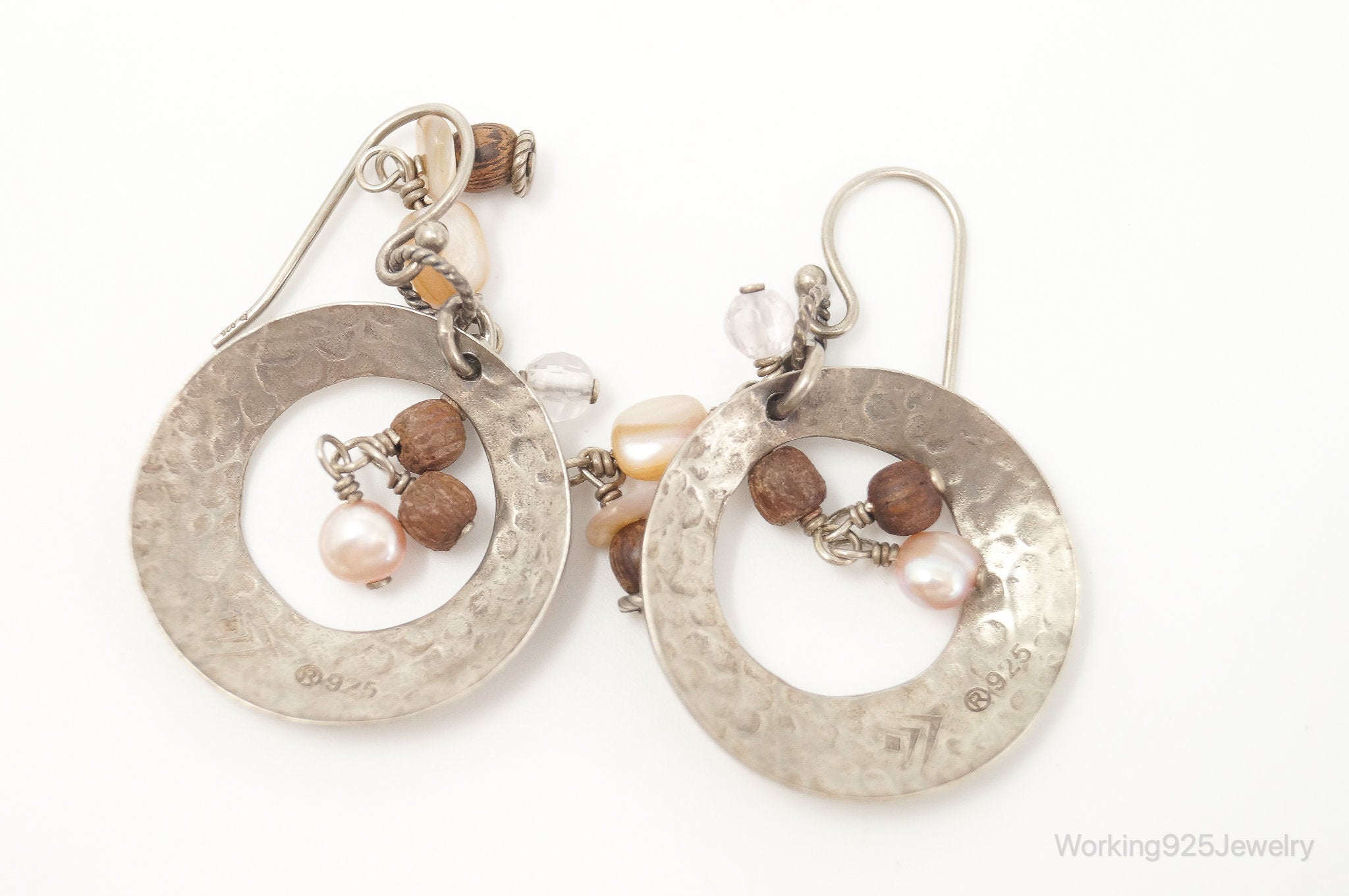 Designer Silpada Wood Quartz Pearl Hammered Sterling Silver Earrings