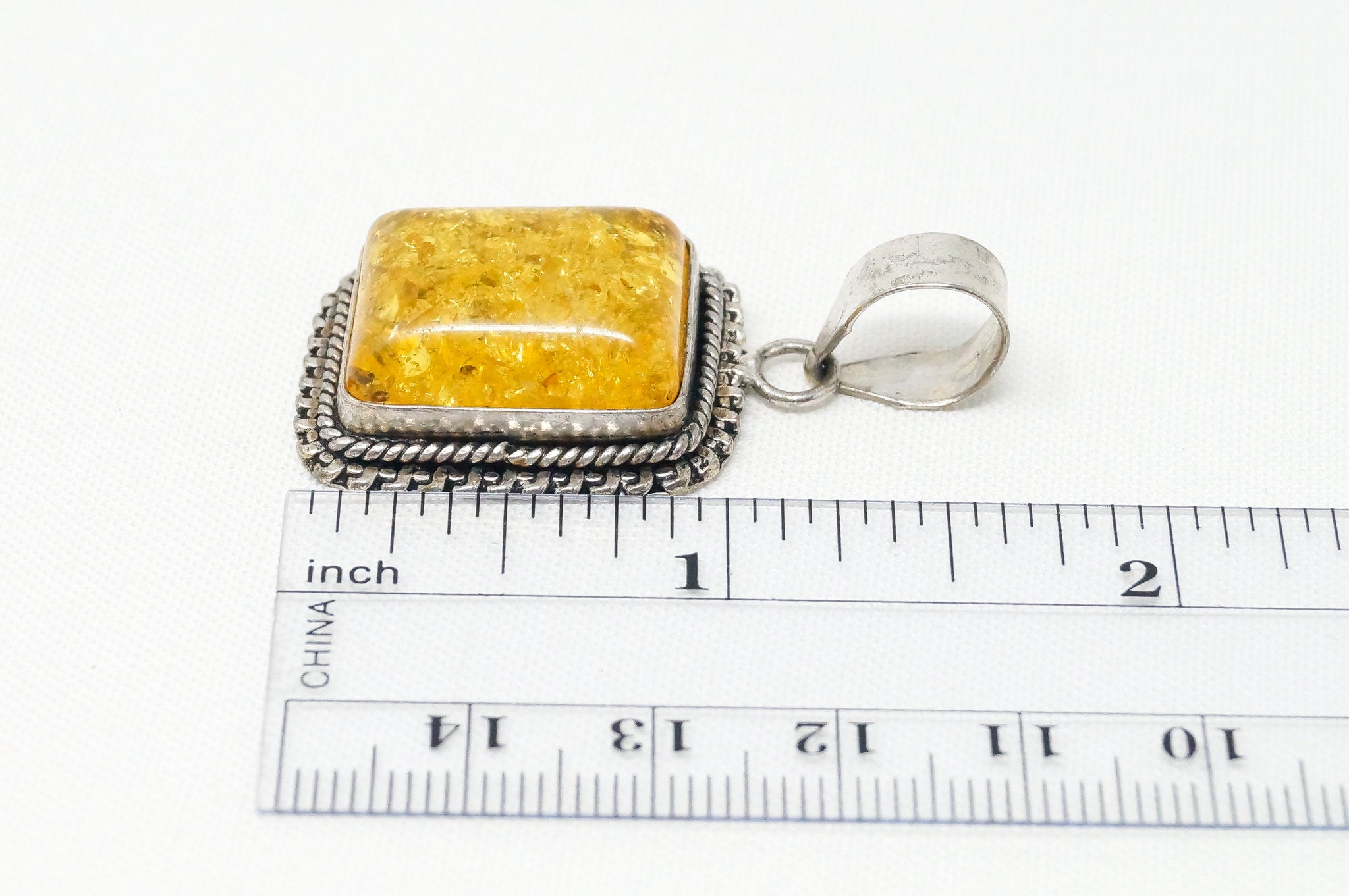 Large Vintage Amber Modernist Sterling Silver Necklace Pendant