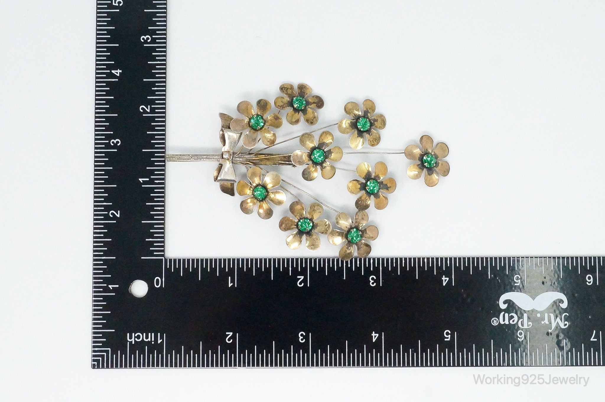 Large Vintage Green Rhinestone Flowers Gold Tone Sterling Silver Brooch Pin