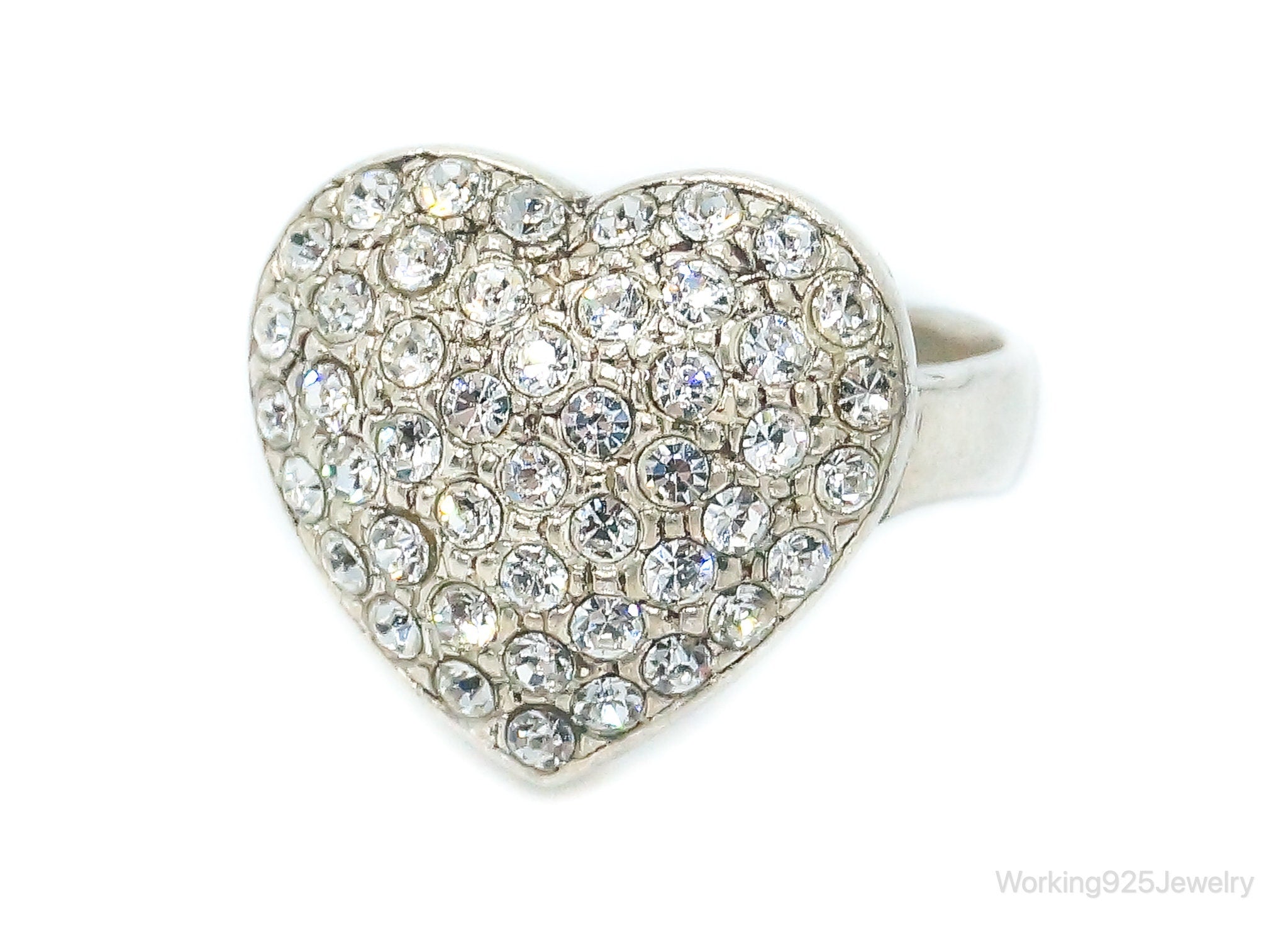 Vintage Cubic Zirconia Heart Silver Ring - Size 4.75