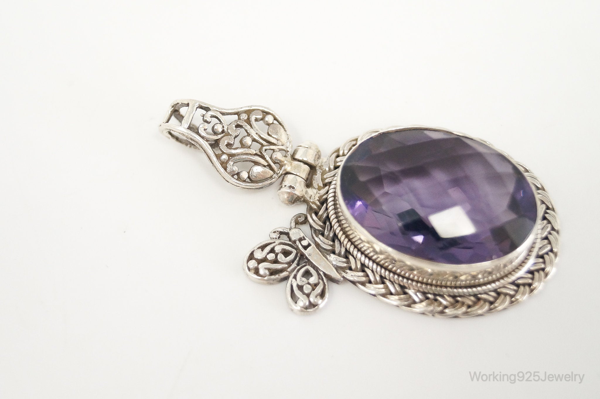 Large Amethyst Butterfly Bali Sterling Silver Necklace Pendant