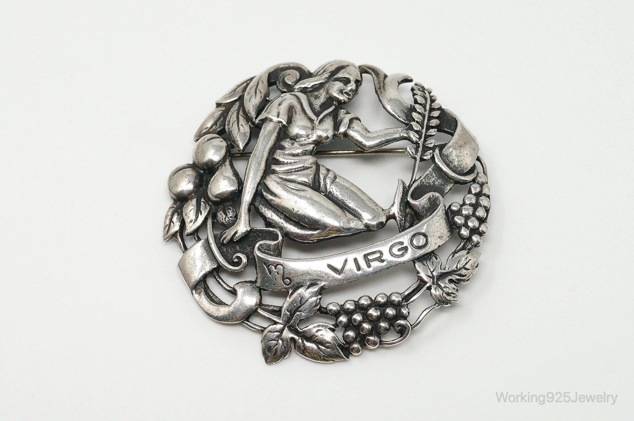 RARE Large Vintage Designer Peruzzi Zodiac VIRGO Sterling Silver Pin Brooch