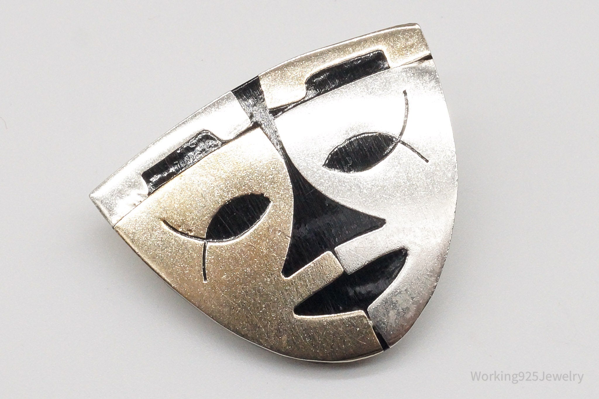 Large Vintage Mexico Warrior Tribal Mask Sterling Silver Two Tone Brooch Pin