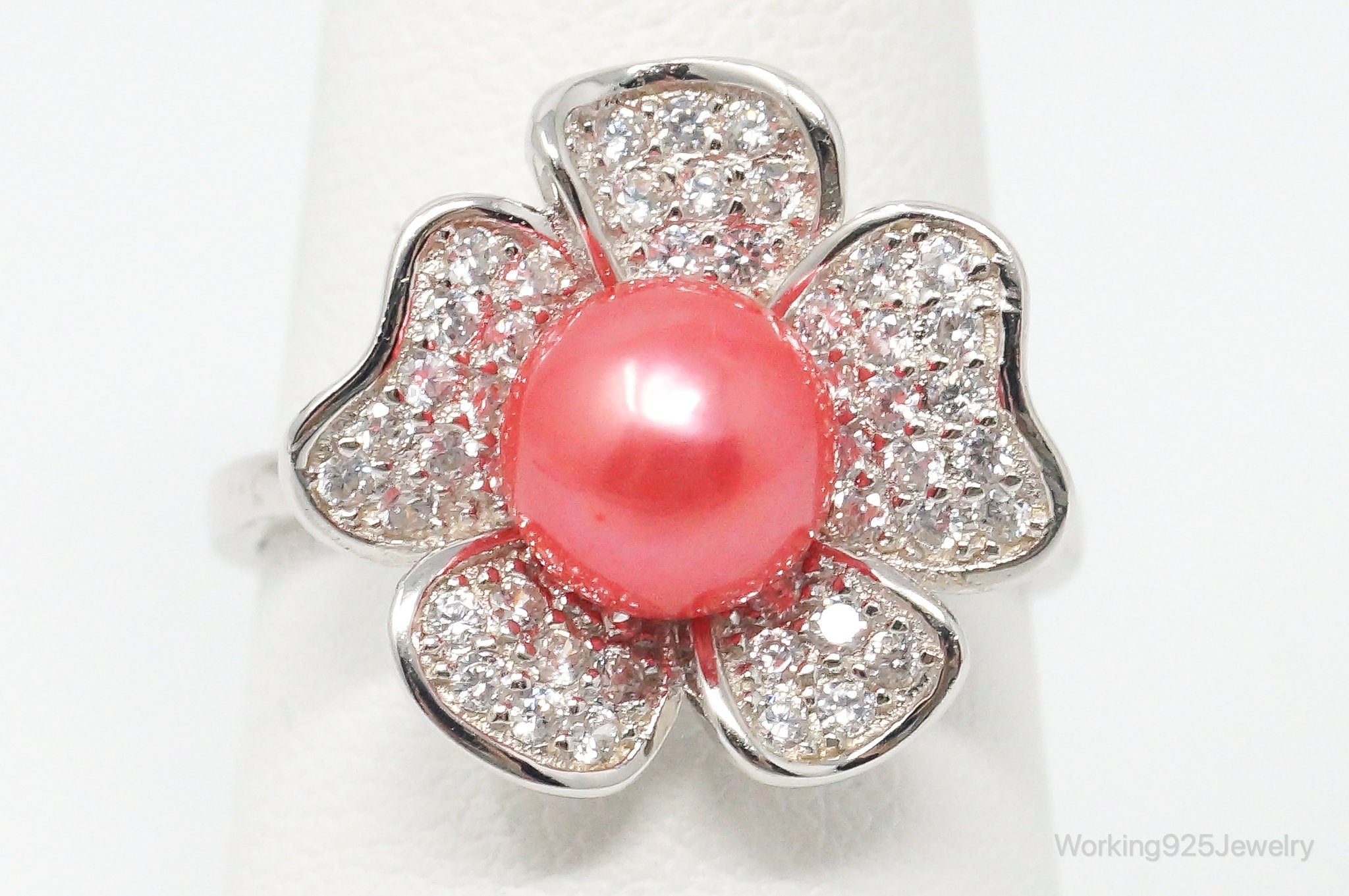 Lab Pearl Cubic Zirconia Sterling Silver Flower Ring - Size 7.25 Adjustable