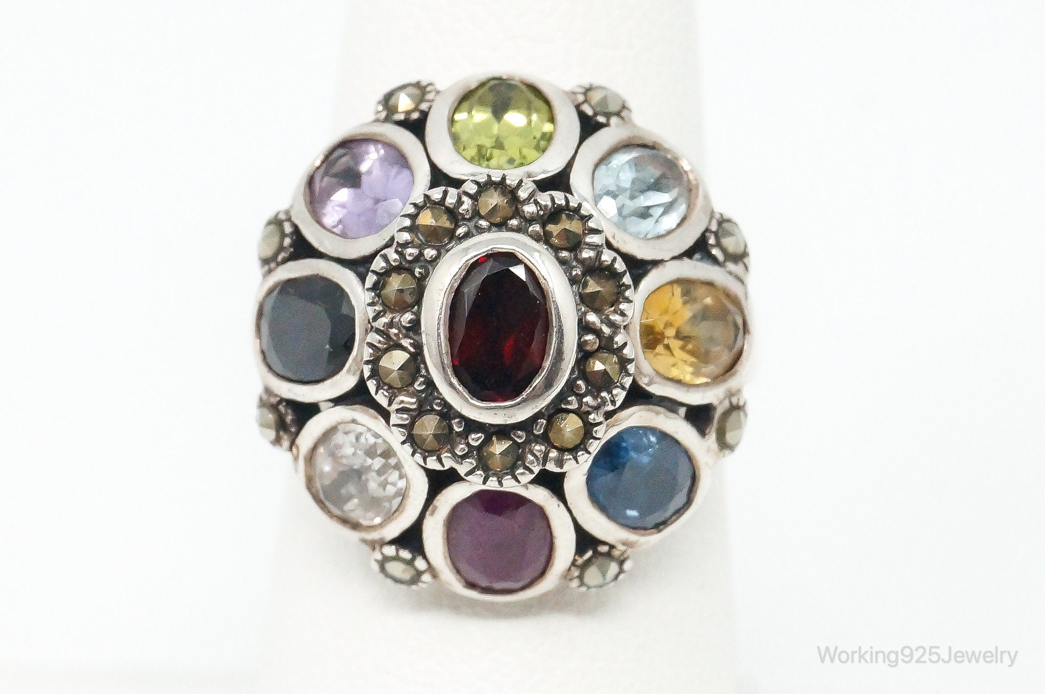 Vintage Designer SX Multi Gem Art Deco Sterling Silver Ring - Size 7