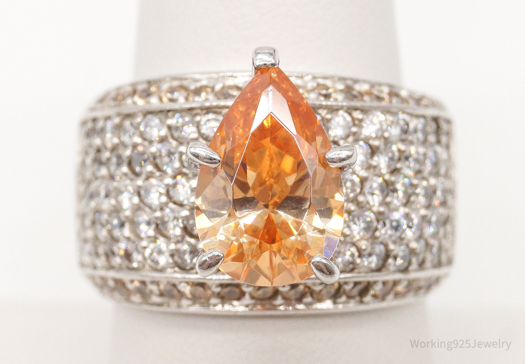 Vintage Large Citrine Cubic Zirconia Sterling Silver Ring - Size 8