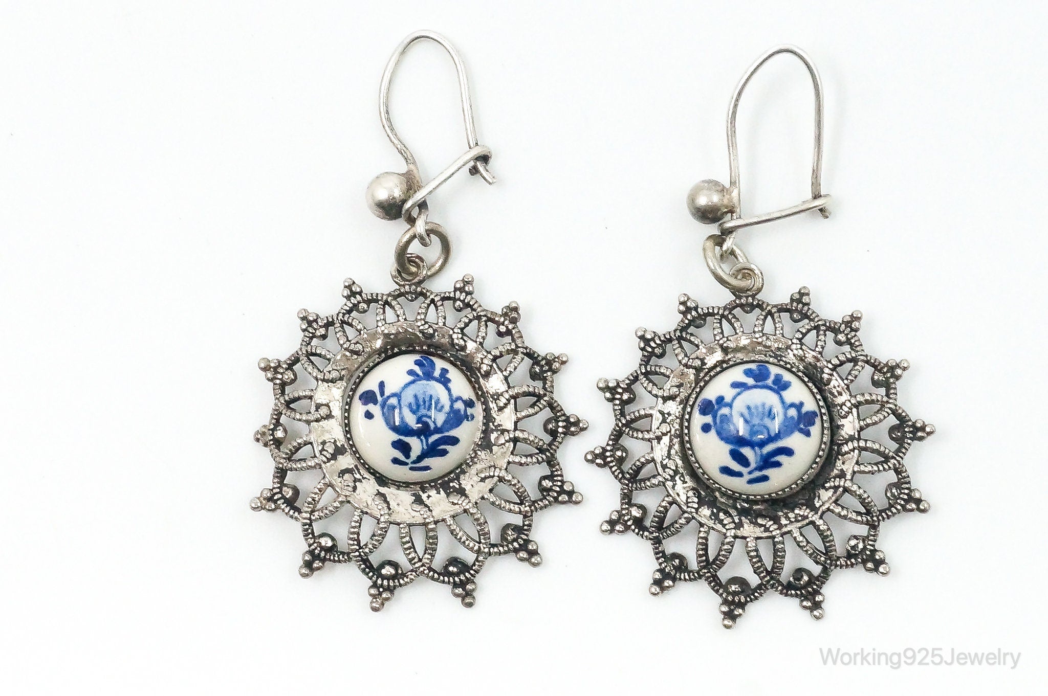 Antique Blue And White Porcelain Floral Pattern Silver Earrings