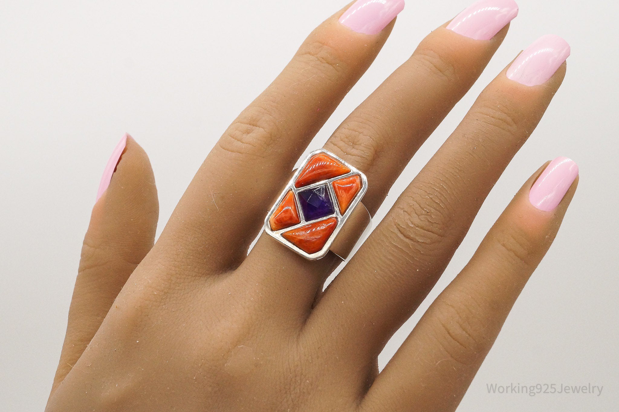 Vintage DTR Co Spiny Shell Oyster Amethyst Sterling Silver Ring - SZ 9.75