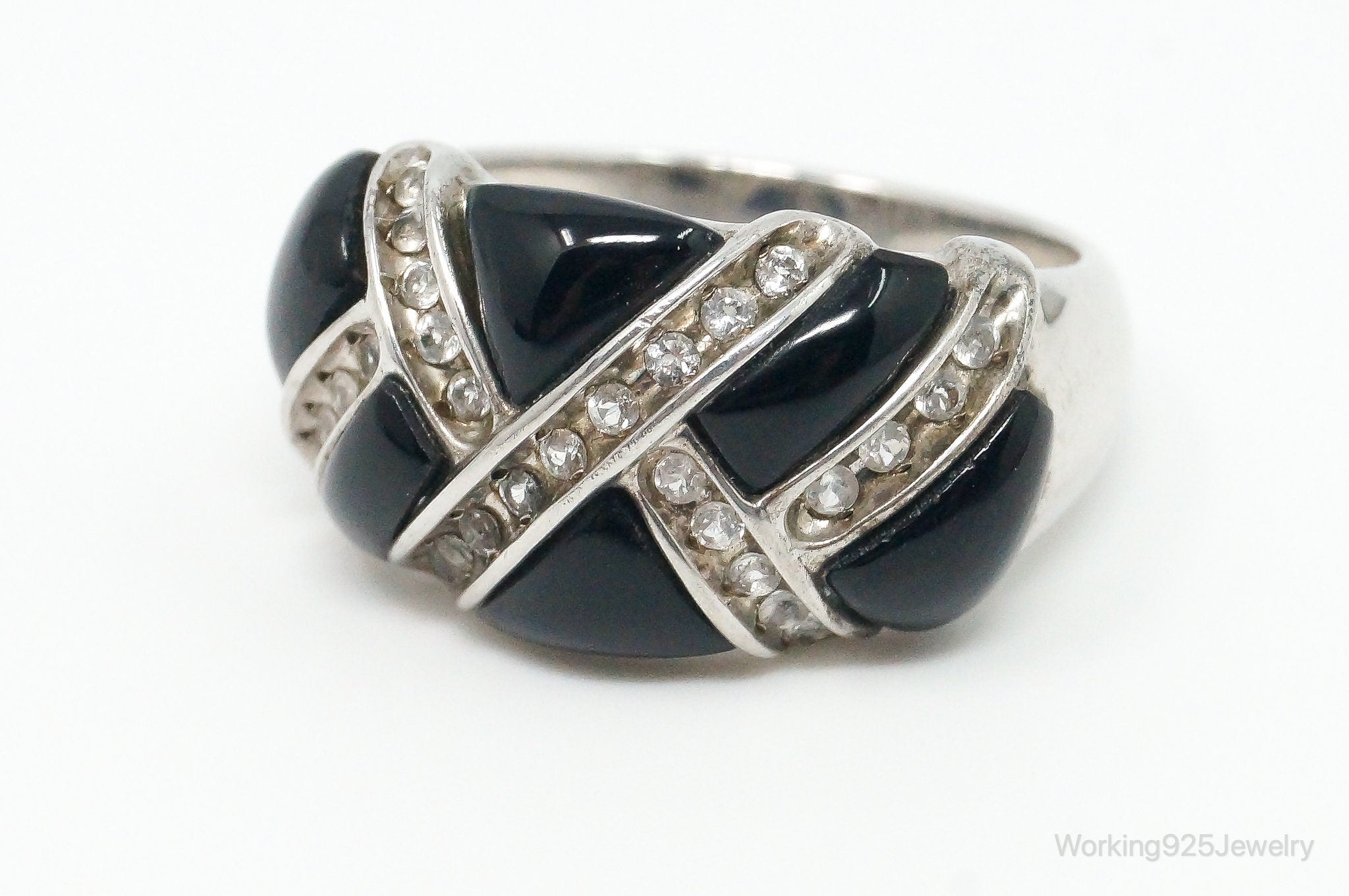 Vintage Designer Black Onyx Cubic Zirconia Sterling Silver Ring - Size 7