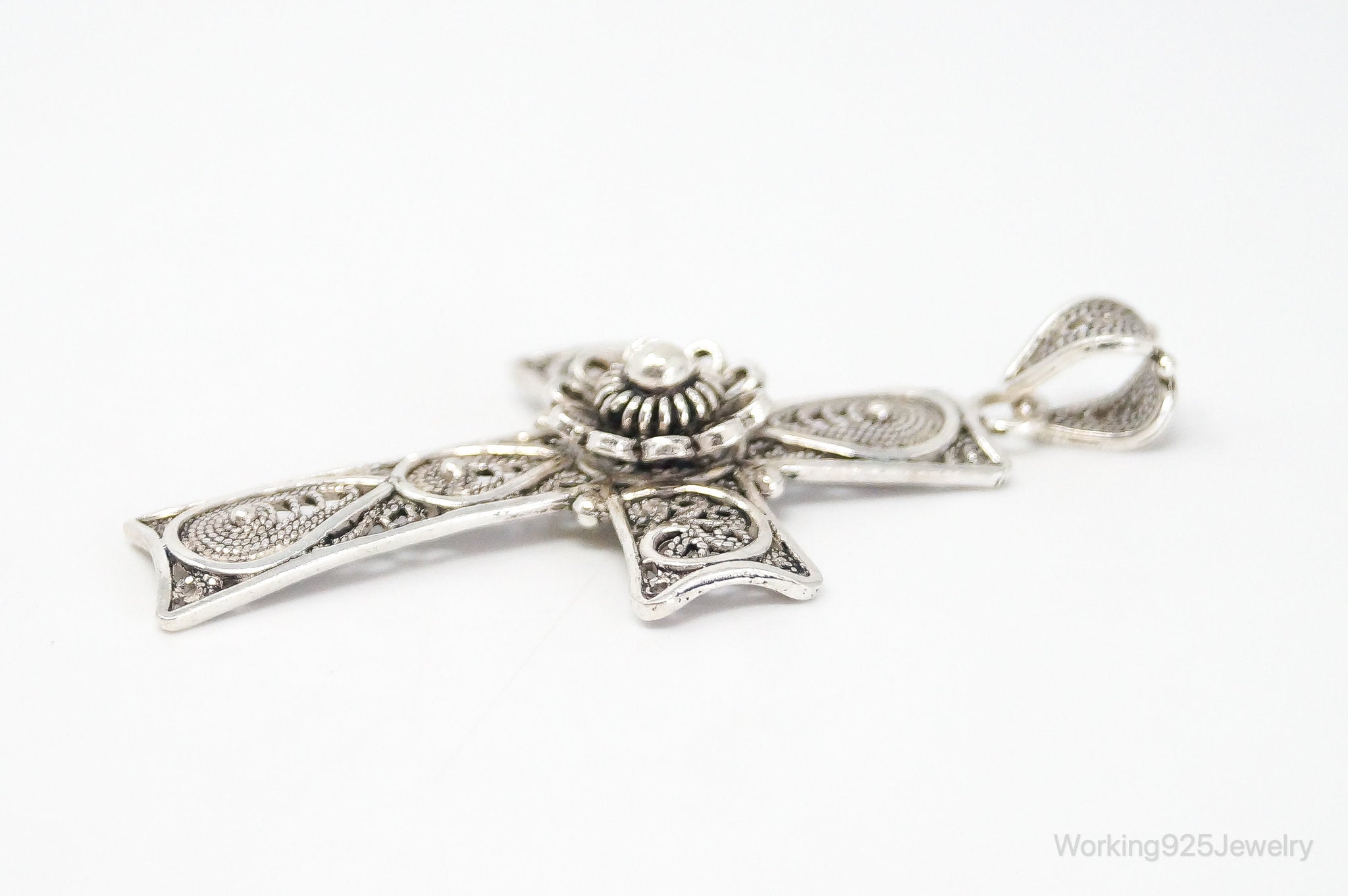 Large Designer DGS Intricate Filigree Cross Sterling Silver Pendant