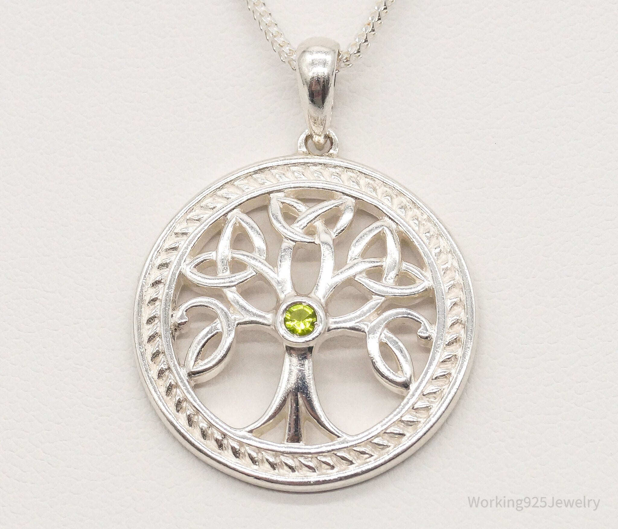 Vintage Designer Solvar Peridot Celtic Tree of Life Sterling Silver Necklace