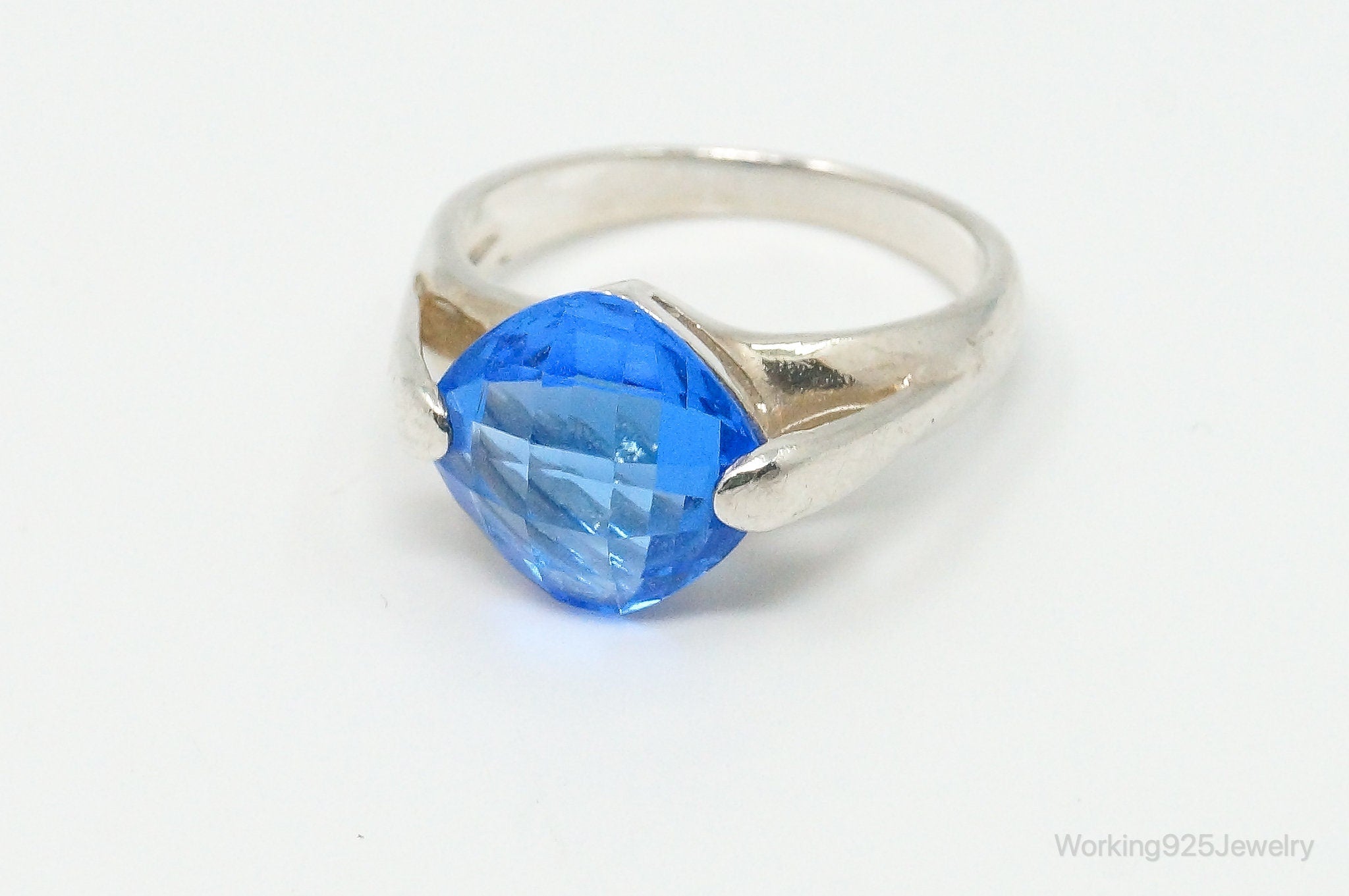 Vintage Blue Art Glass Modernist Sterling Silver Ring - Size 6