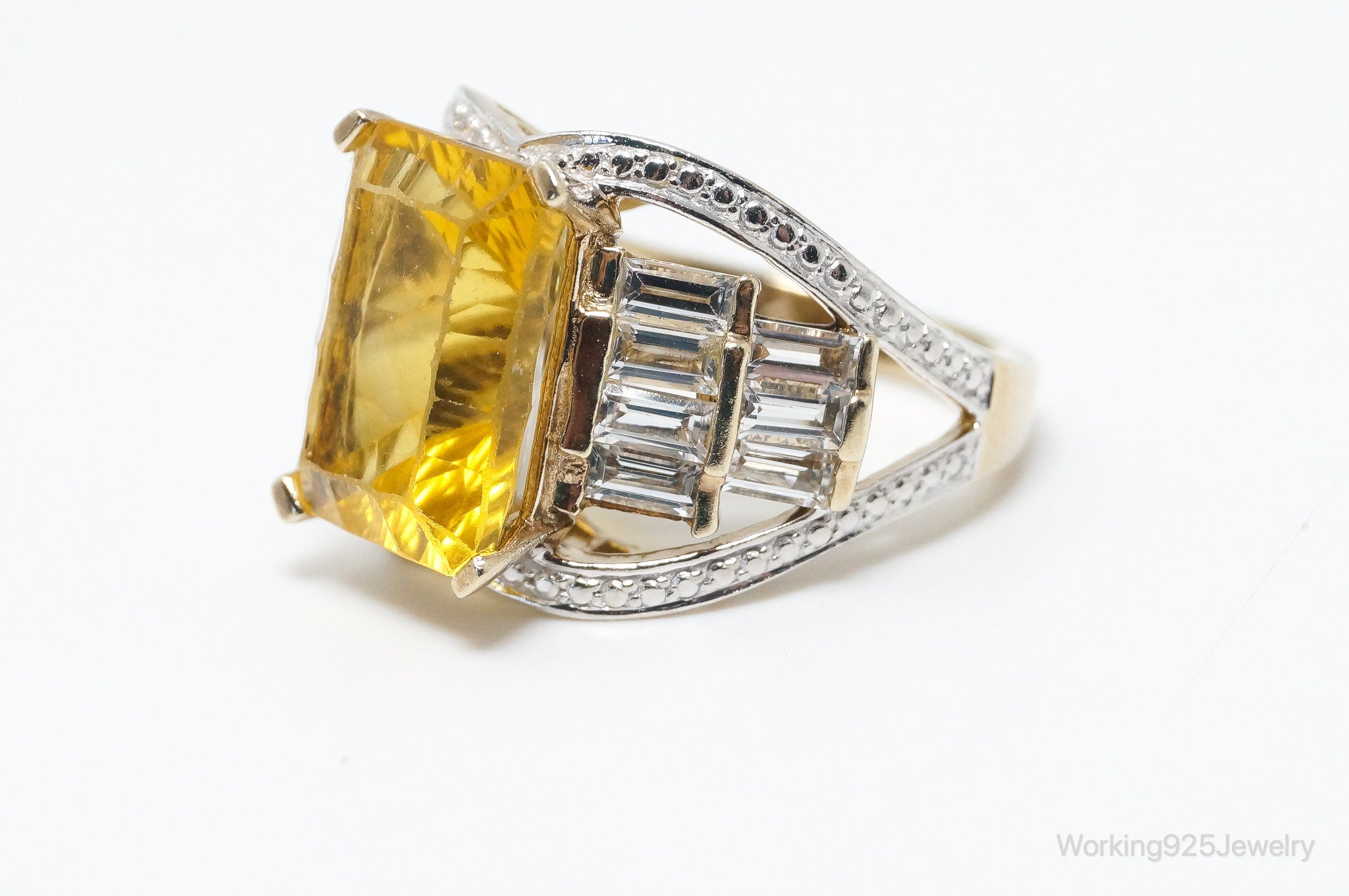 Vintage Art Deco Large Citrine CZ Gold Vermeil Sterling Silver Ring - Size 7