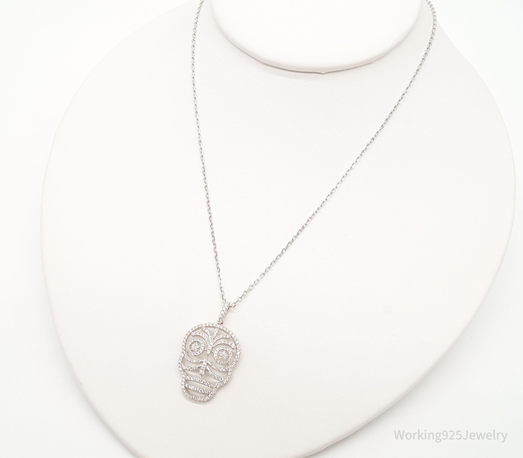 Vintage Cubic Zirconia Skull Sterling Silver Necklace