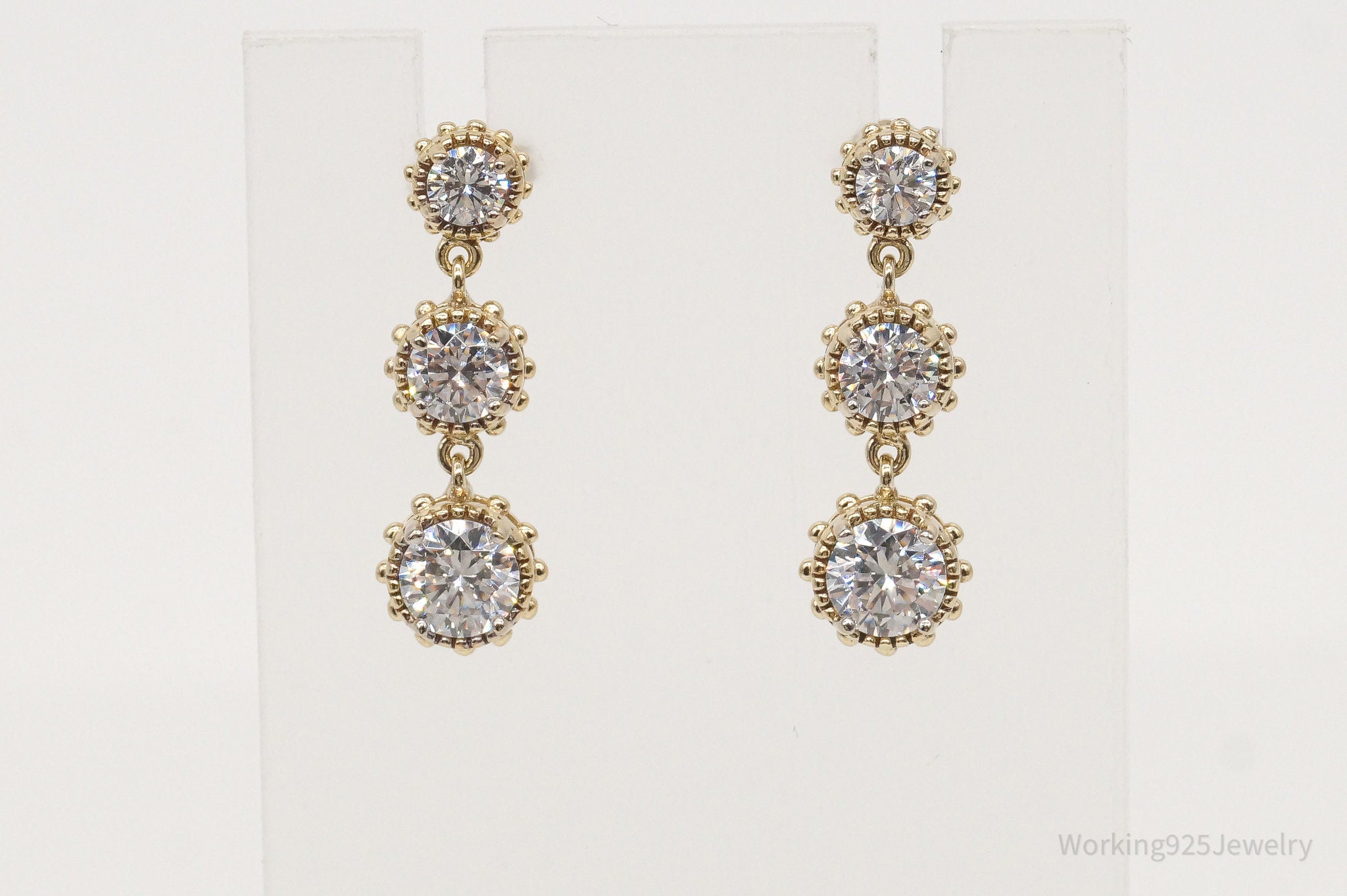 Large Cubic Zirconia Gold Platinum Clad Sterling Silver Earrings