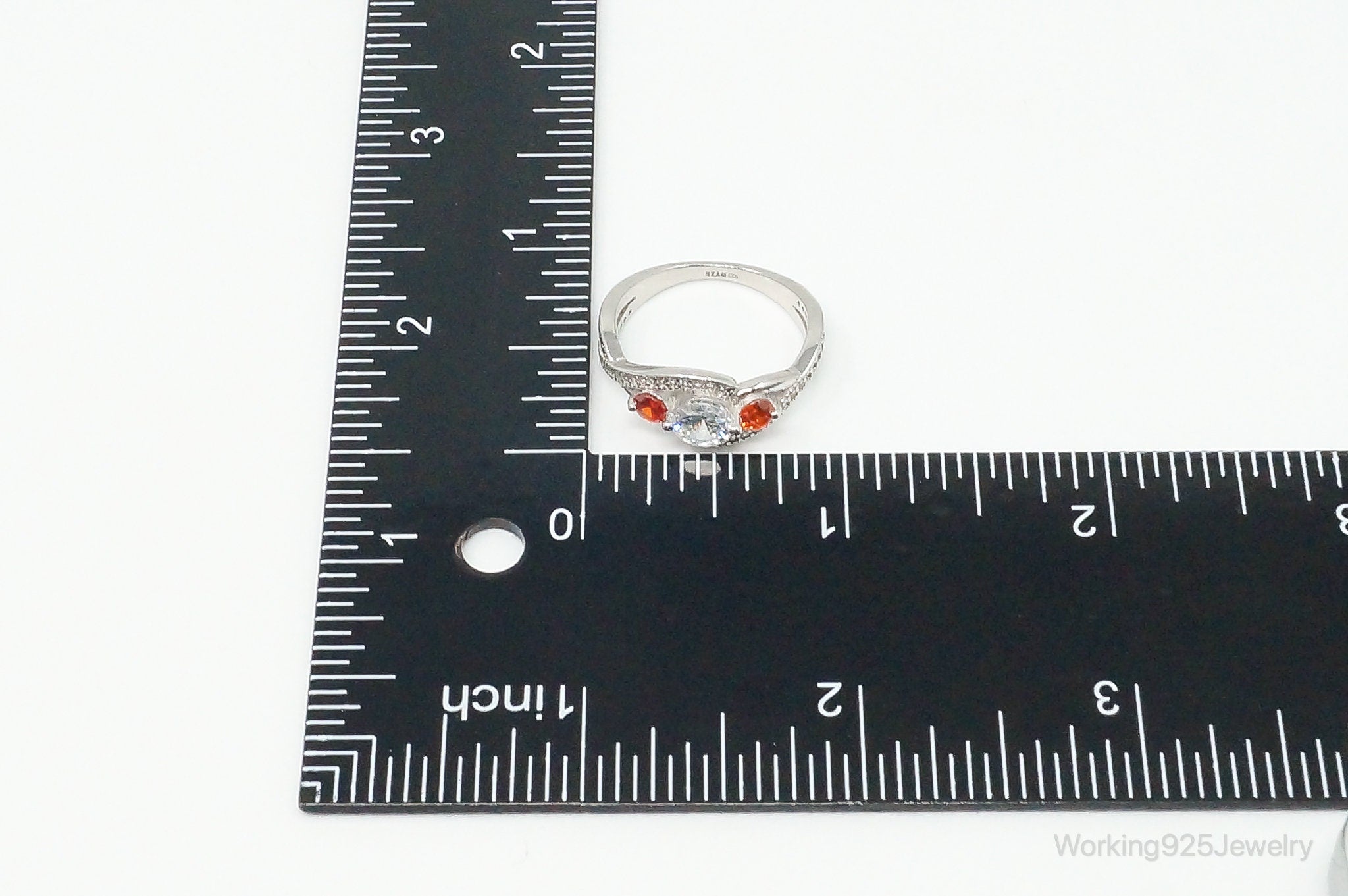 Orange & White Cubic Zirconia Sterling Silver Ring - Size 8.75