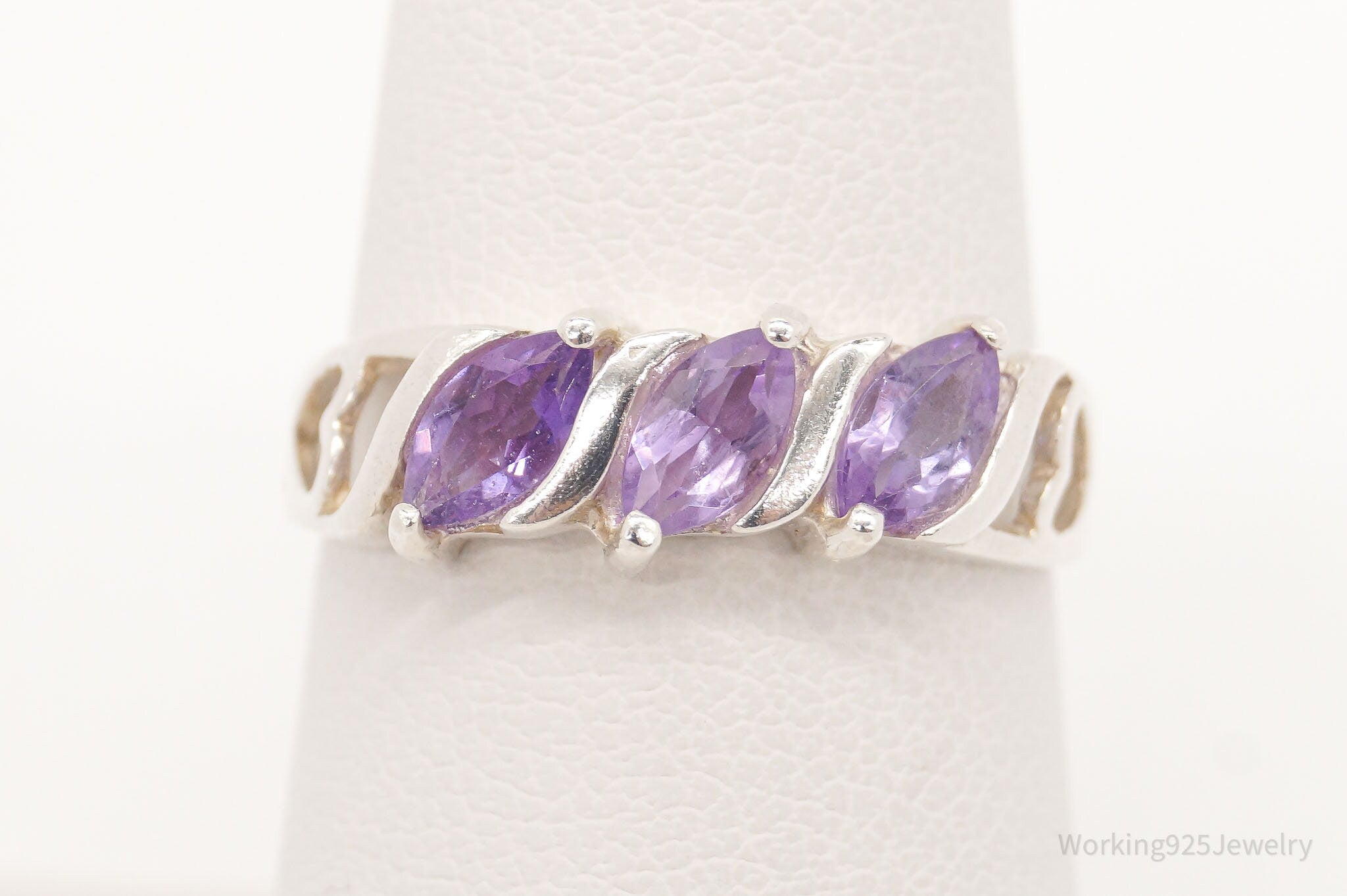 Vintage Amethyst Heart Cut Outs Sterling Silver Ring - Size 6.75