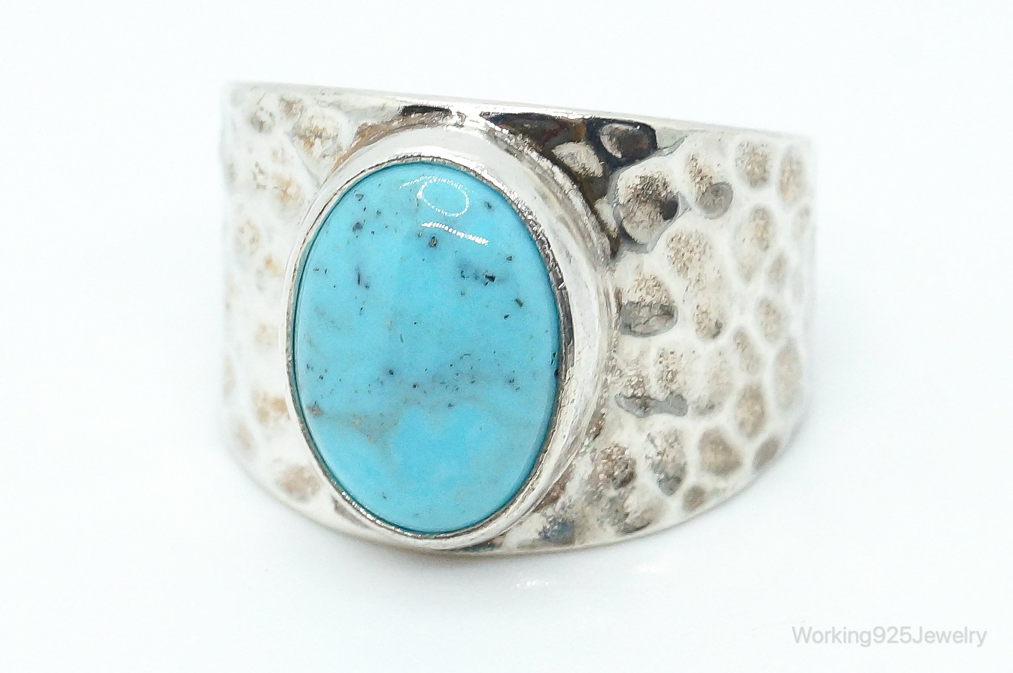 Large Turquoise Hammered Style Sterling Silver Ring - Size 9.75