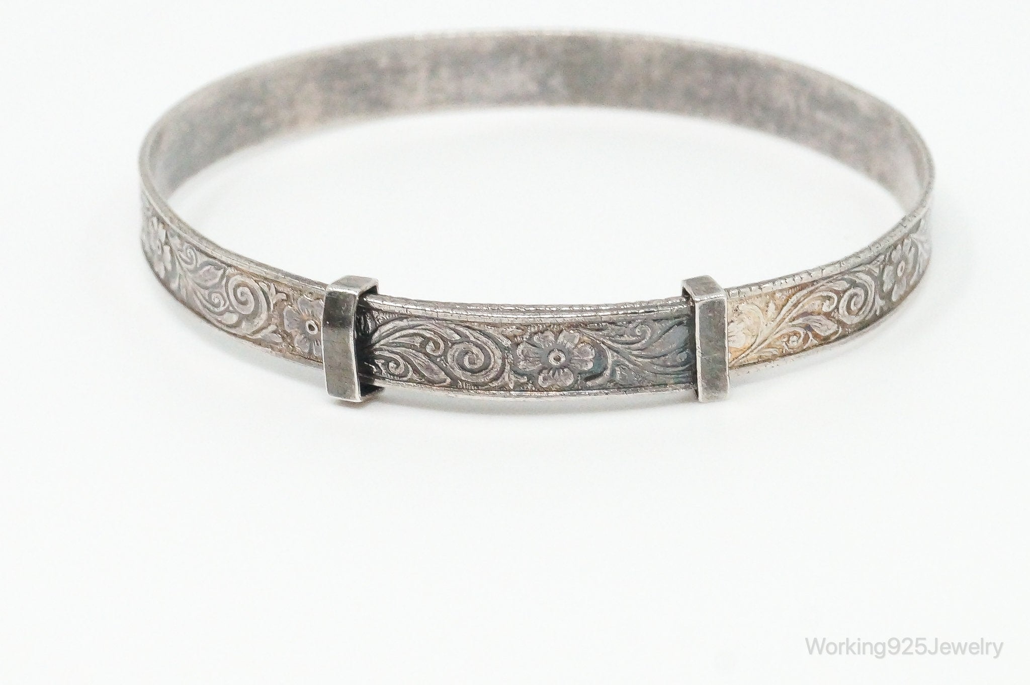 Antique Flowers Motif Sterling Silver Expanding Bangle Bracelet