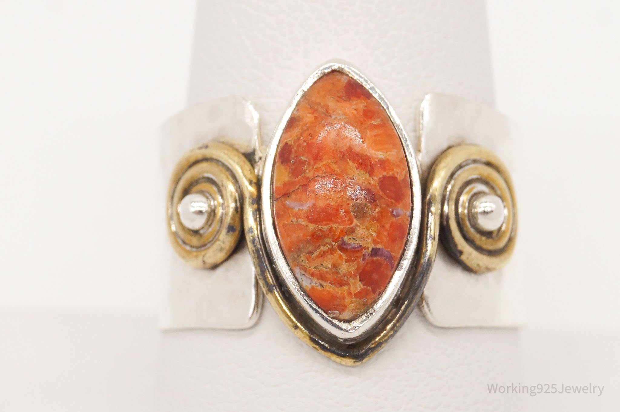 Vintage India Orange Jasper Brass Sterling Silver Ring - Size 9.75