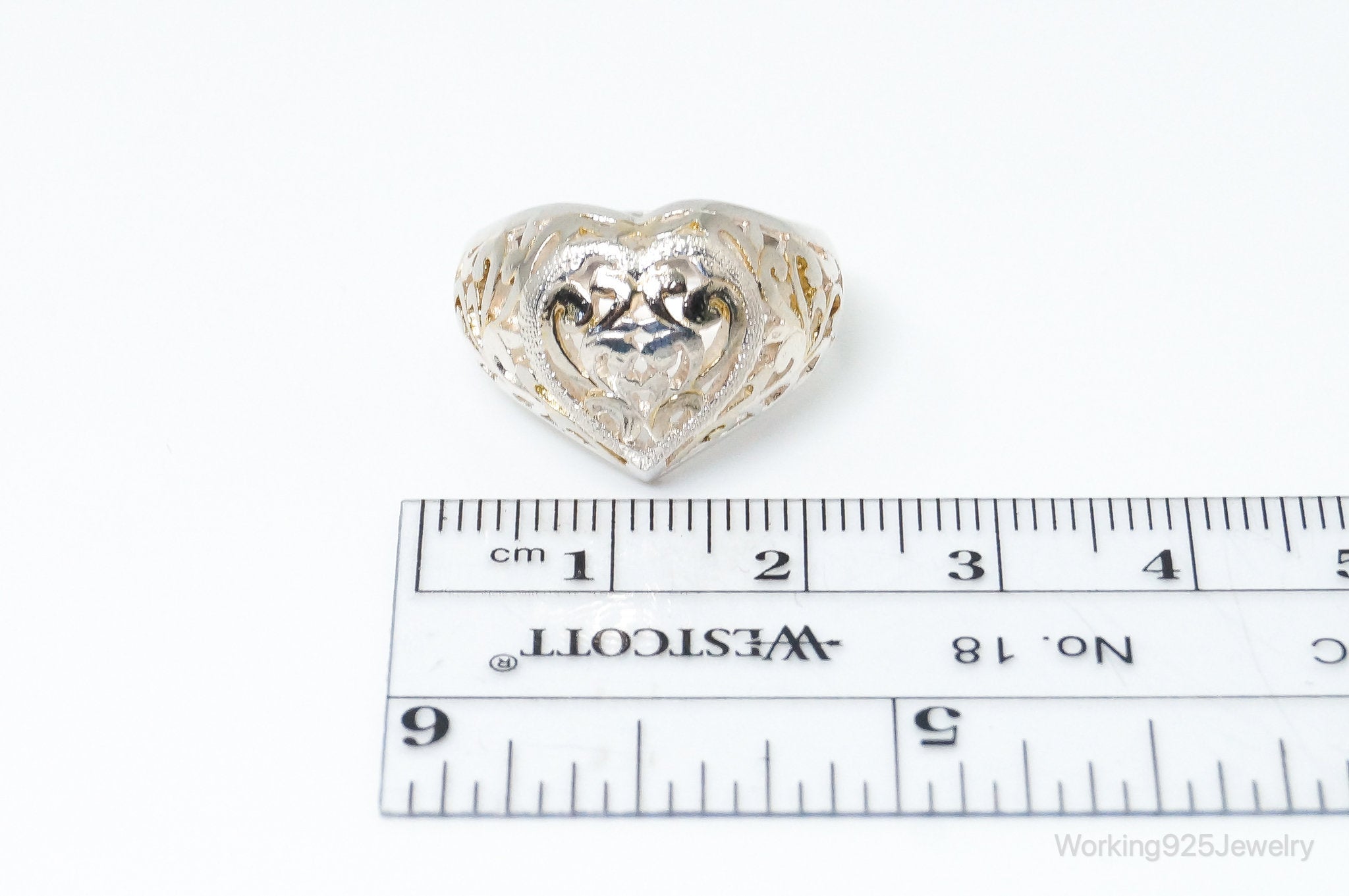 Vintage Designer SU Motif Cut Out Heart Gold Wash Sterling Silver Ring - SZ 7