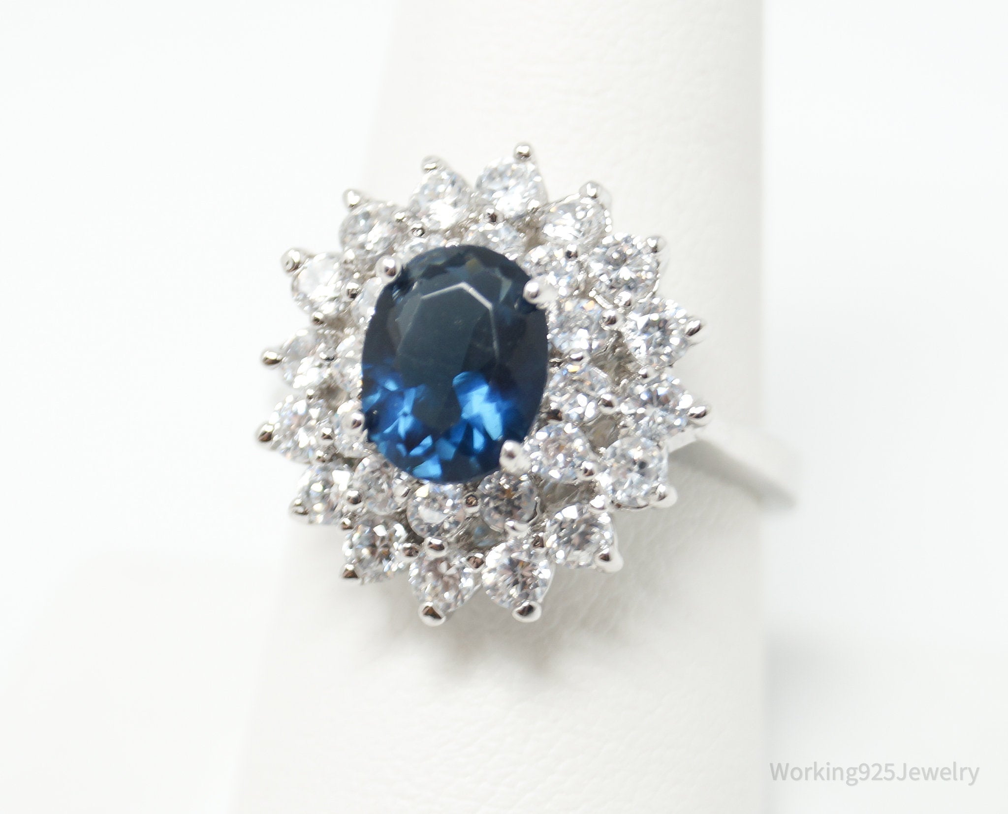 X Vintage Style Blue Sapphire CZ GOLD Plated Sterling Silver Ring - Size 8.75