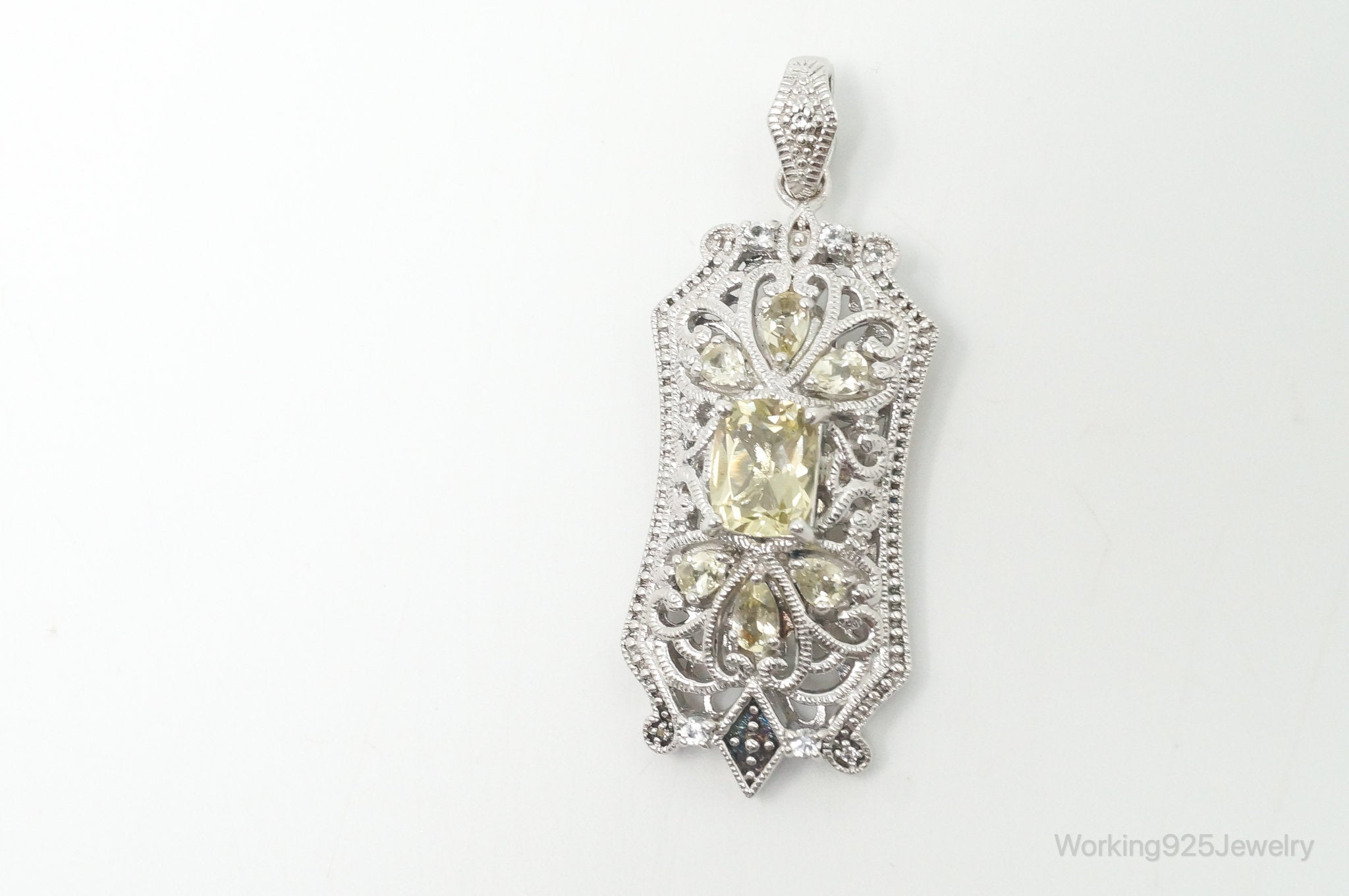 Vintage Art Deco Cubic Zirconia Peridot Sterling Silver Necklace Pendant