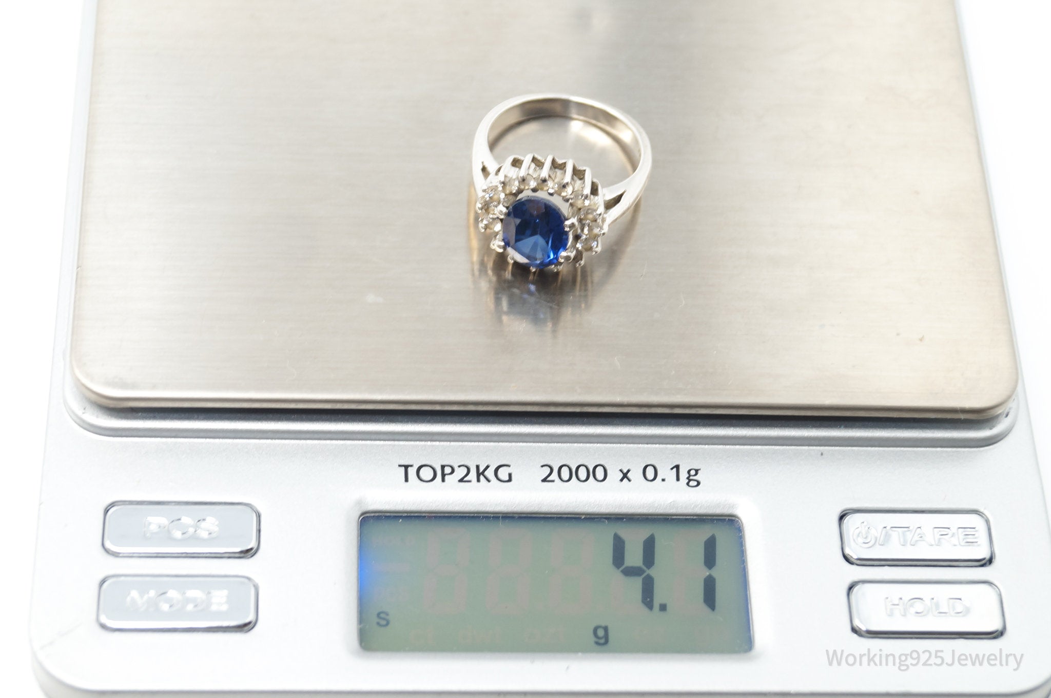 Vintage Art Deco Style Blue Glass CZ Sterling Silver Ring - Size 6