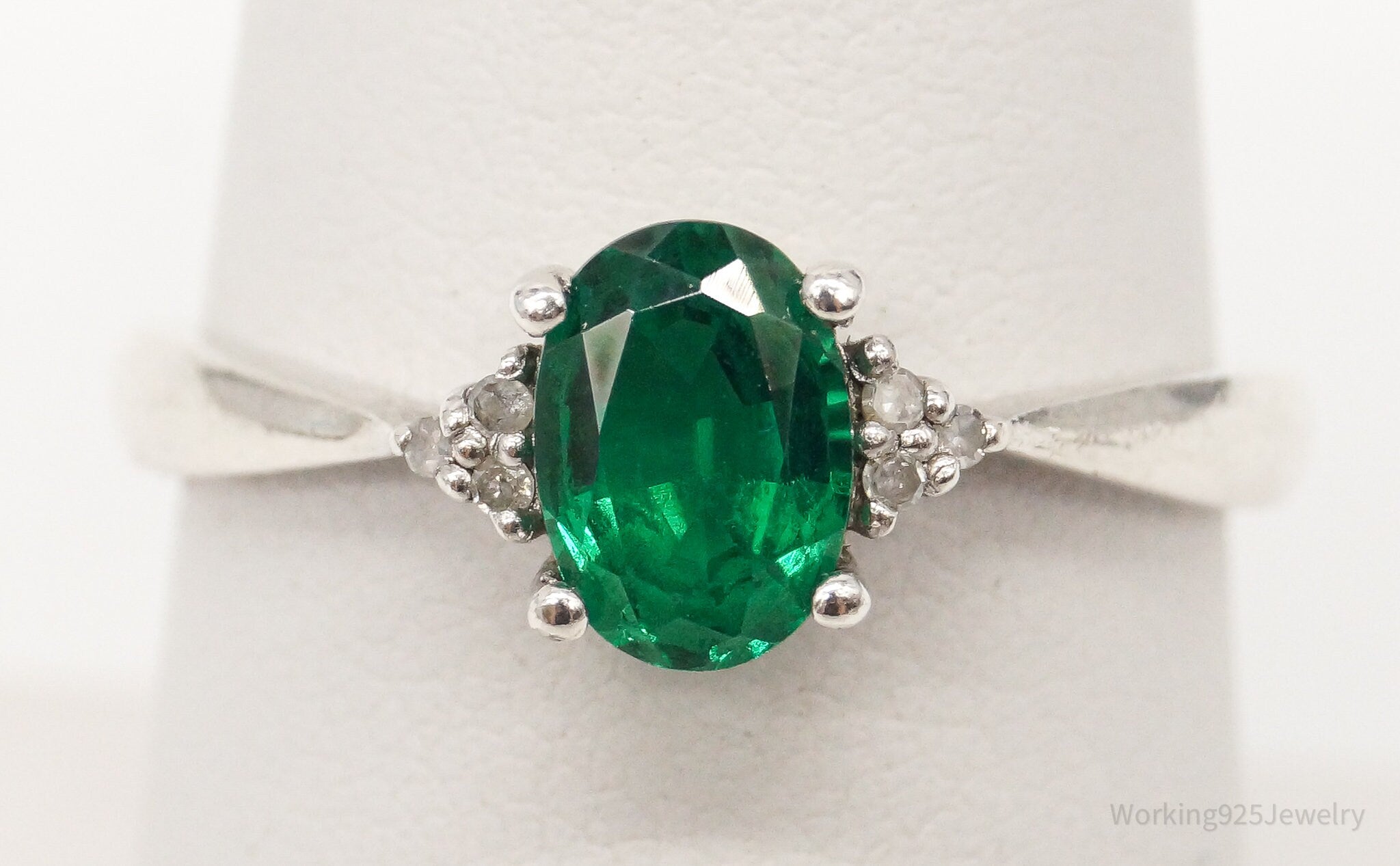 Vintage Lab Emerald Diamond Sterling Silver Ring Size 7.25