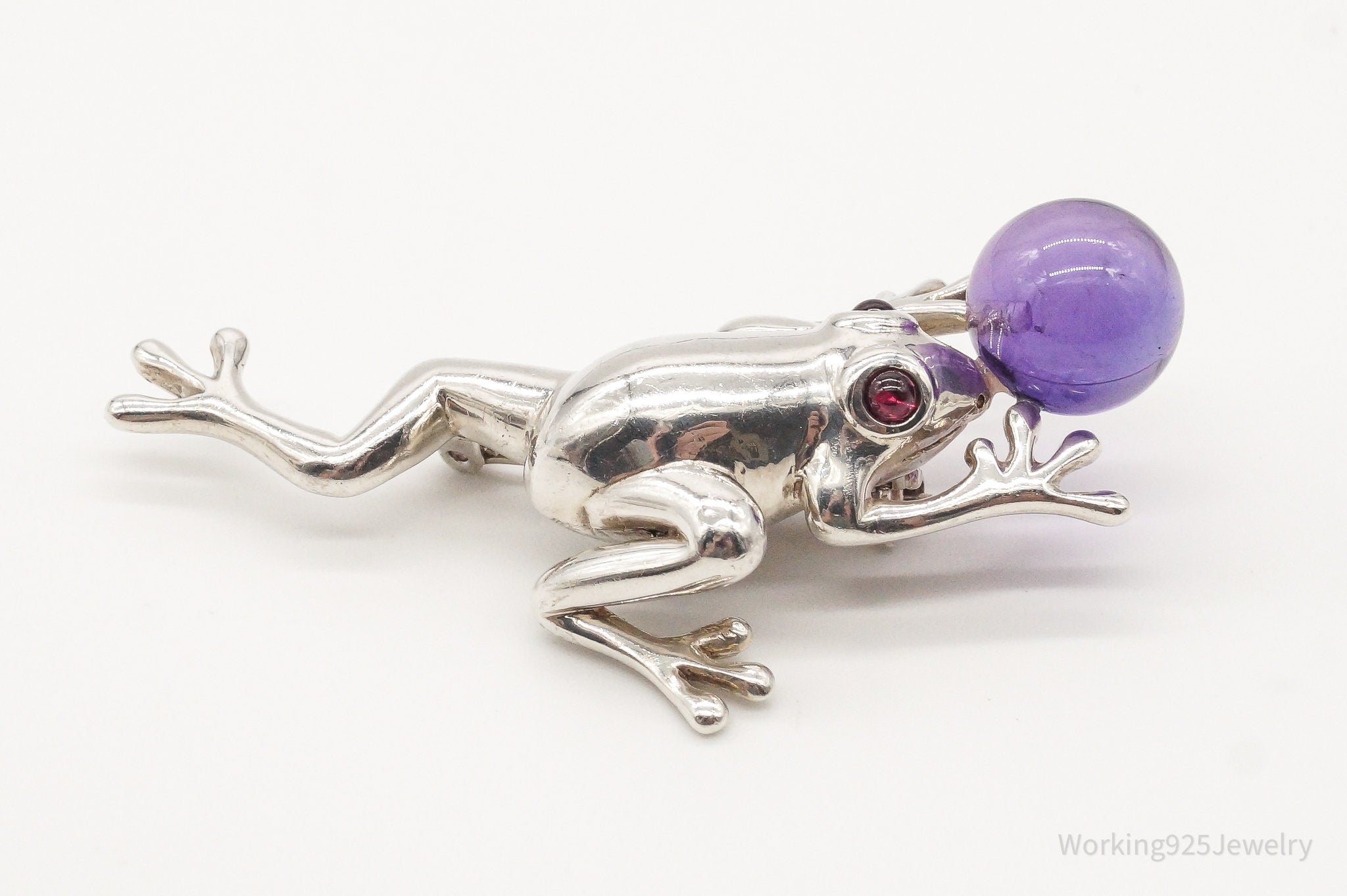 Large Vintage AC Studio Amethyst Garnet Frog Sterling Silver Brooch Pin