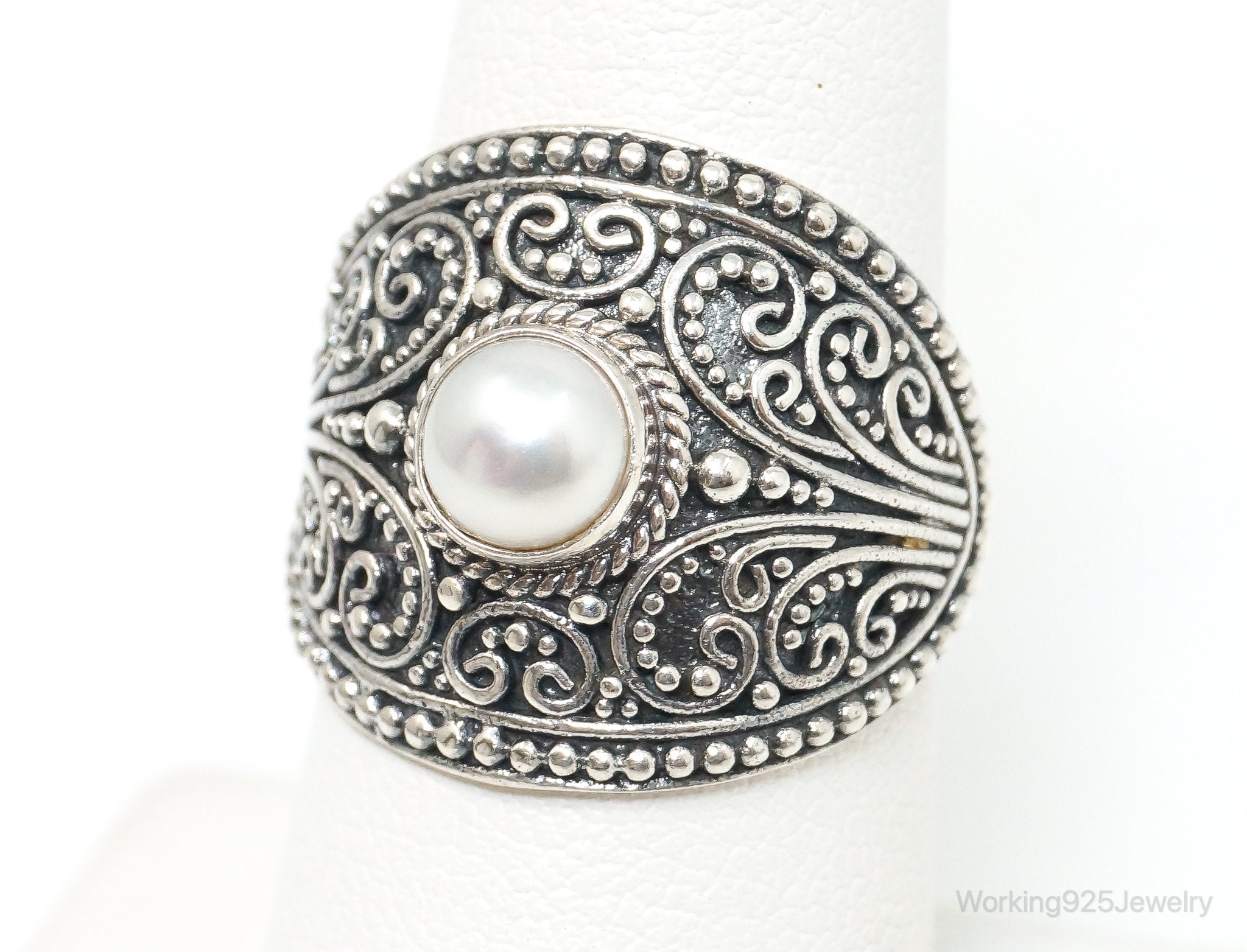 Vintage Bali Style Pearl Sterling Silver Ring - Size 7.5