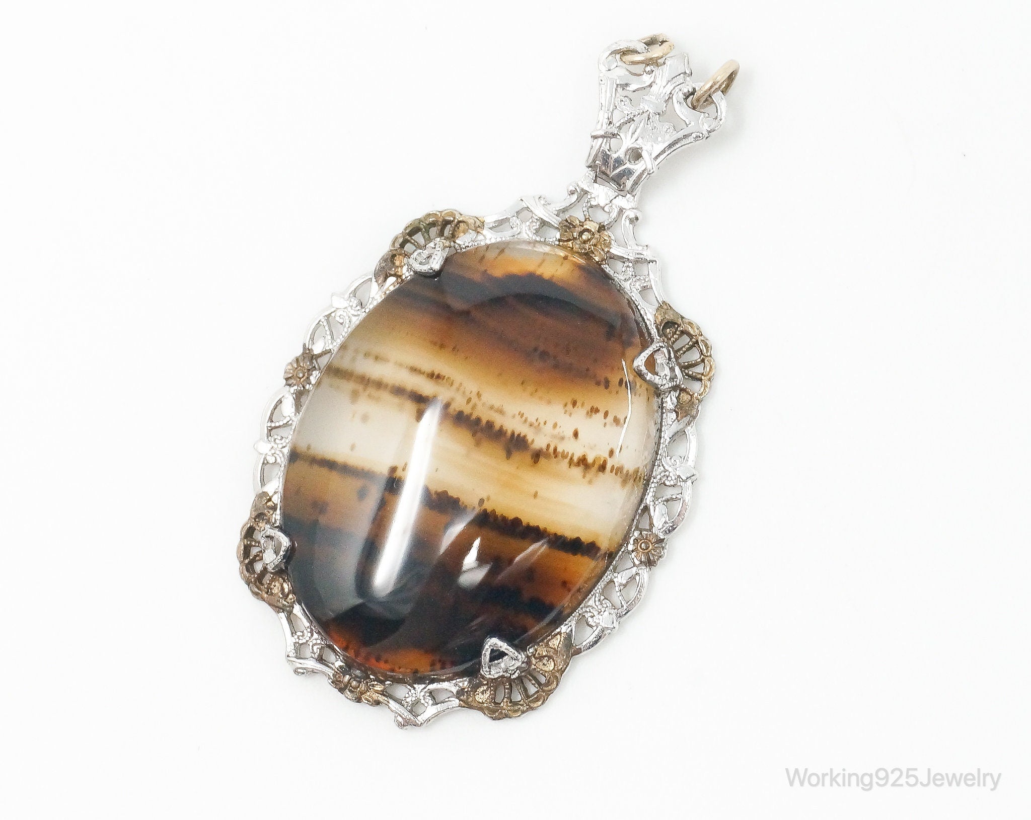 Antique Large Montana Agate Sterling Silver Necklace Pendant