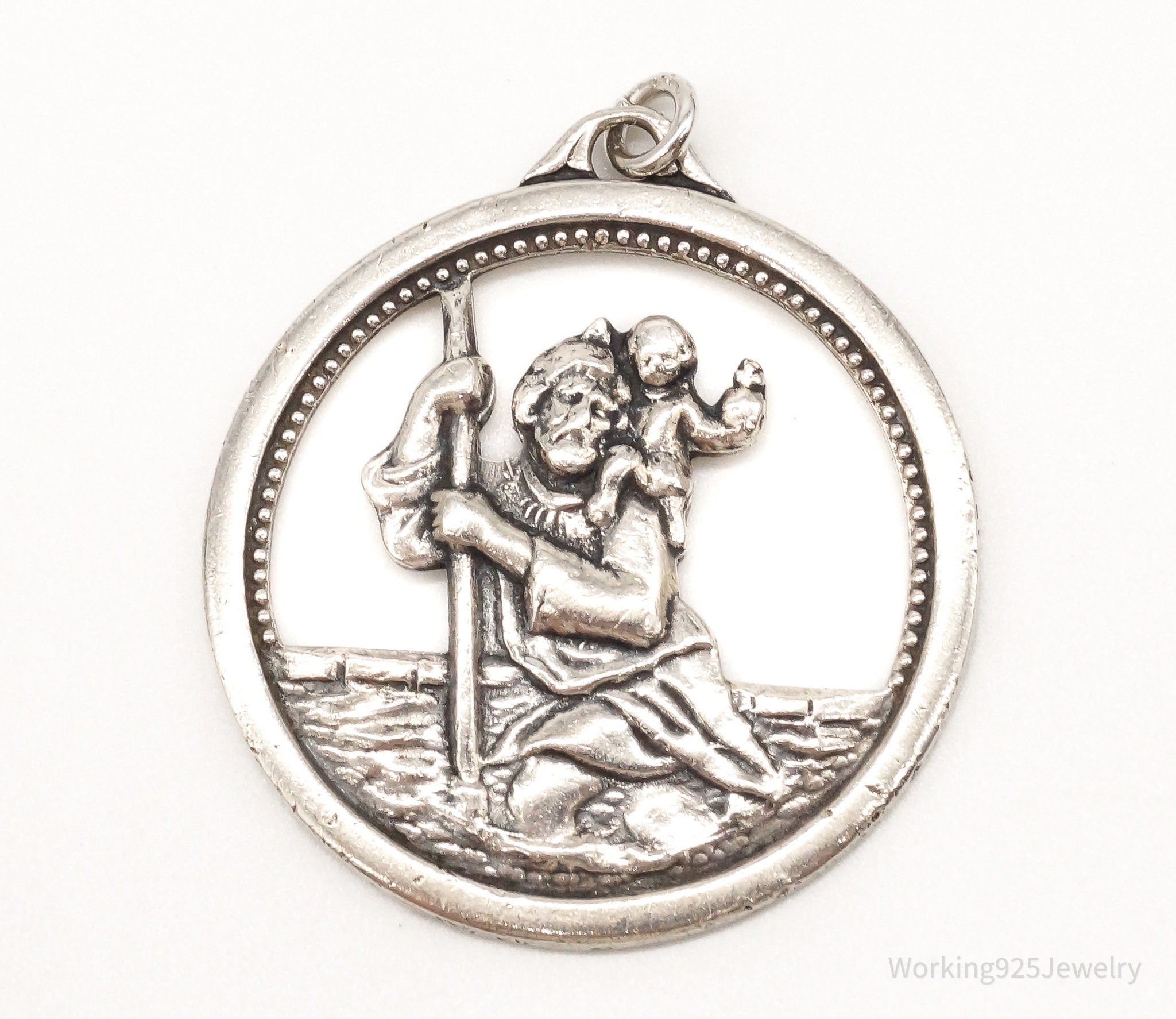 Antique Saint Christopher Protect Us Sterling Silver Pendant