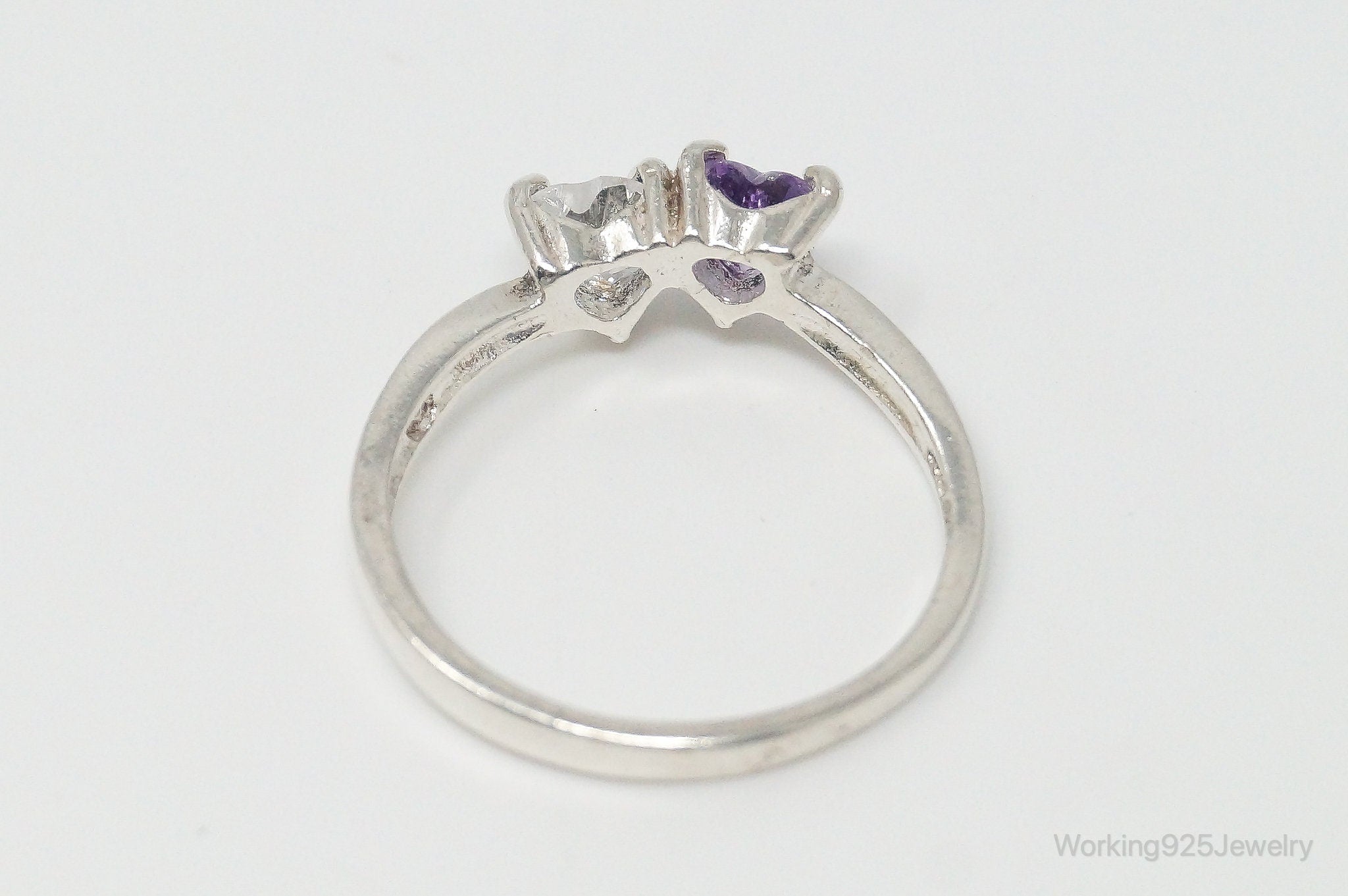 Vintage Cubic Zirconia Amethyst Hearts Sterling Silver Ring Size 9