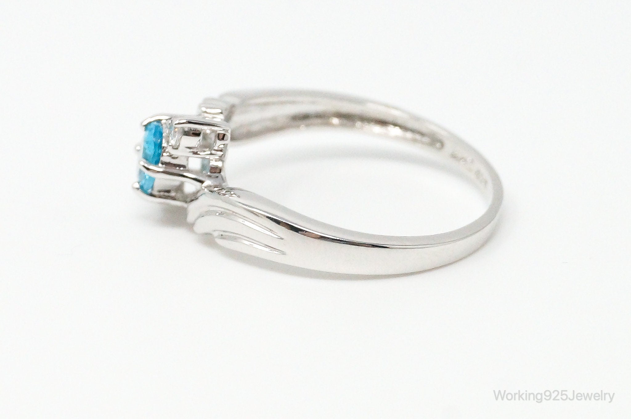 Vintage Blue Topaz Cubic Zirconia Sterling Silver Bypass Ring Size 8.75