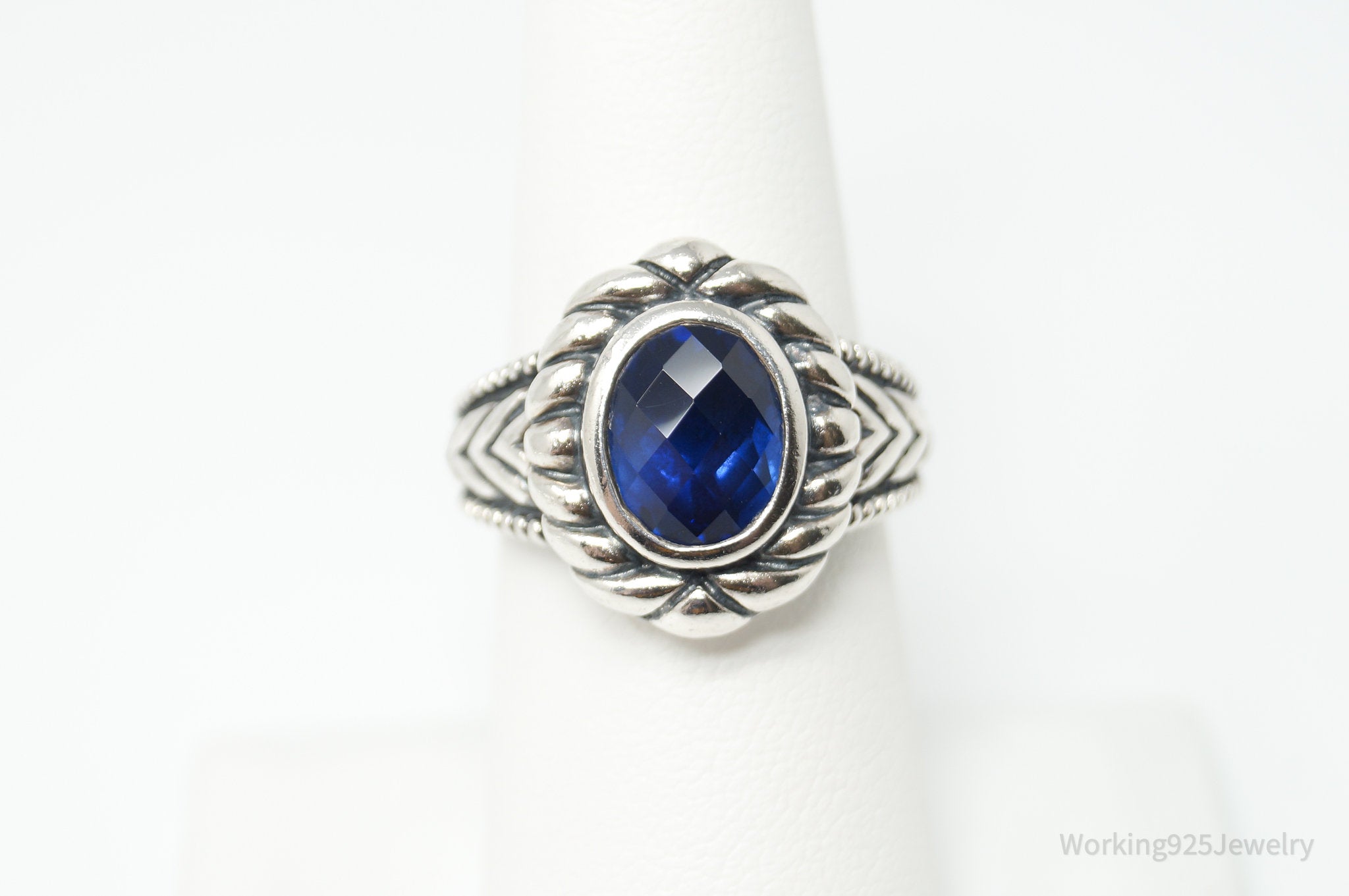 Vintage Art Deco Style Blue Lab Sapphire Sterling Silver Ring - Size 6.75