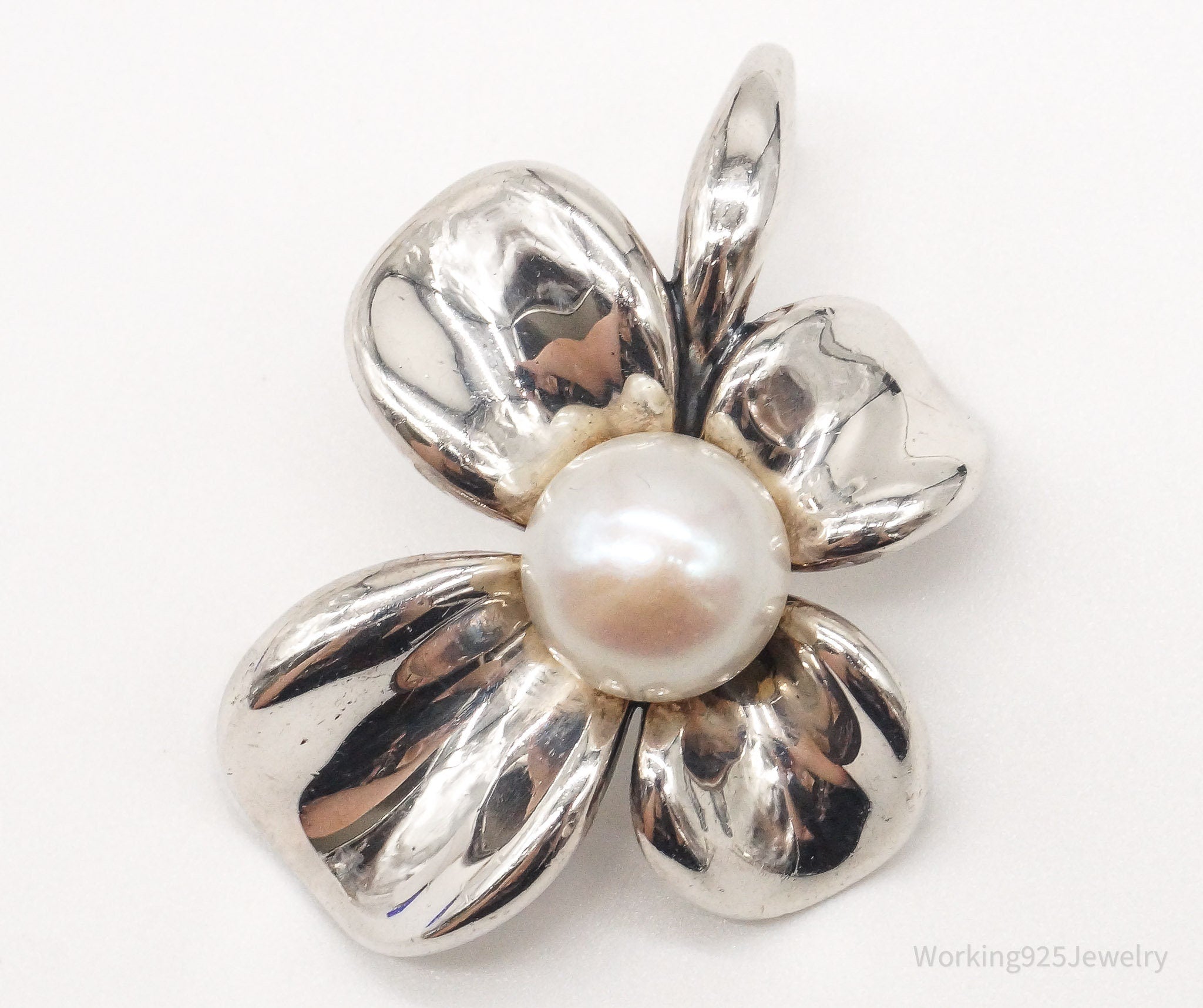 Large Vintage Designer Ann King Pearl Sterling Silver Flower Pendant