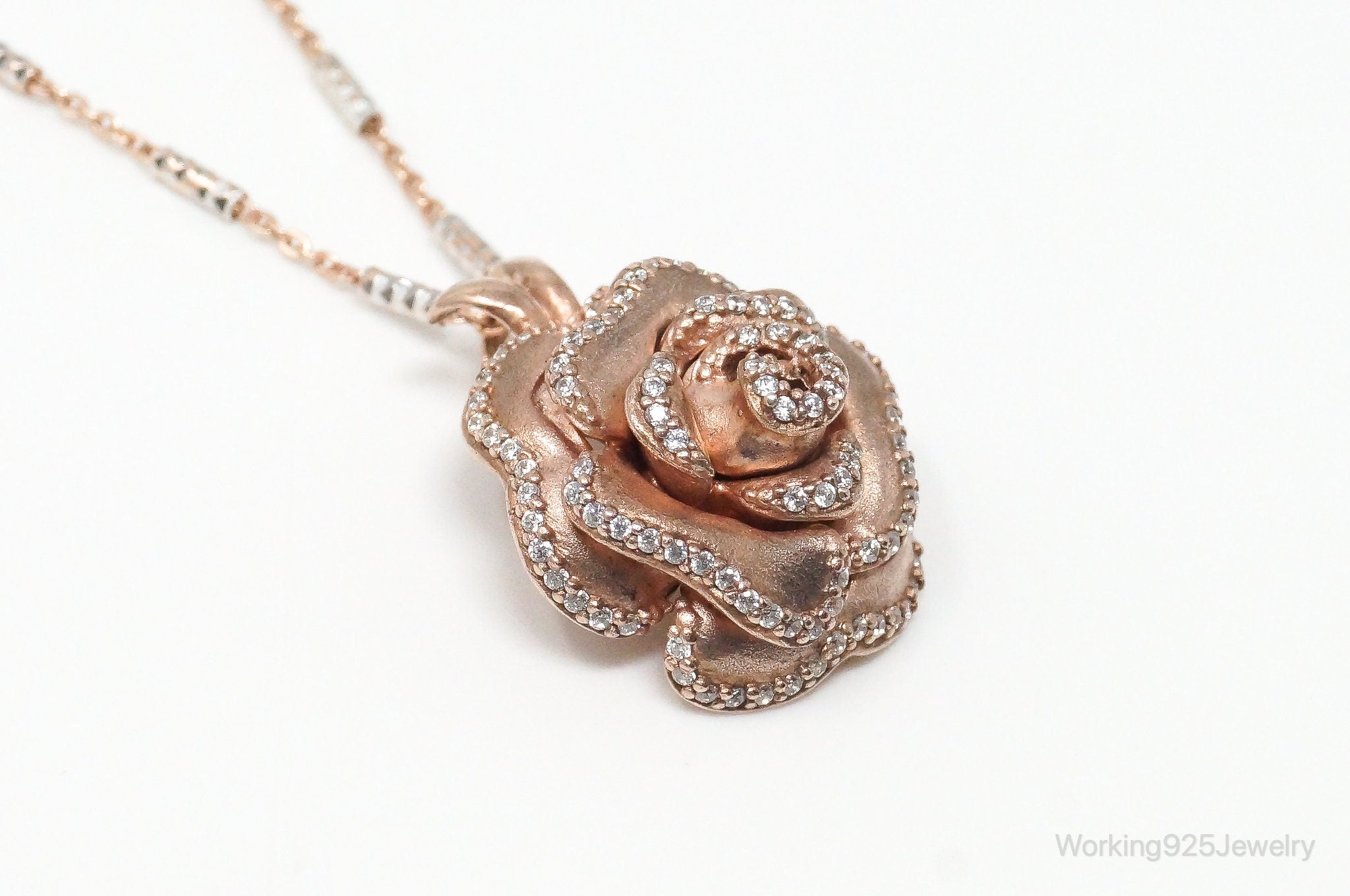 Vintage Cubic Zirconia Rose Gold Vermeil Sterling Silver Flower Necklace