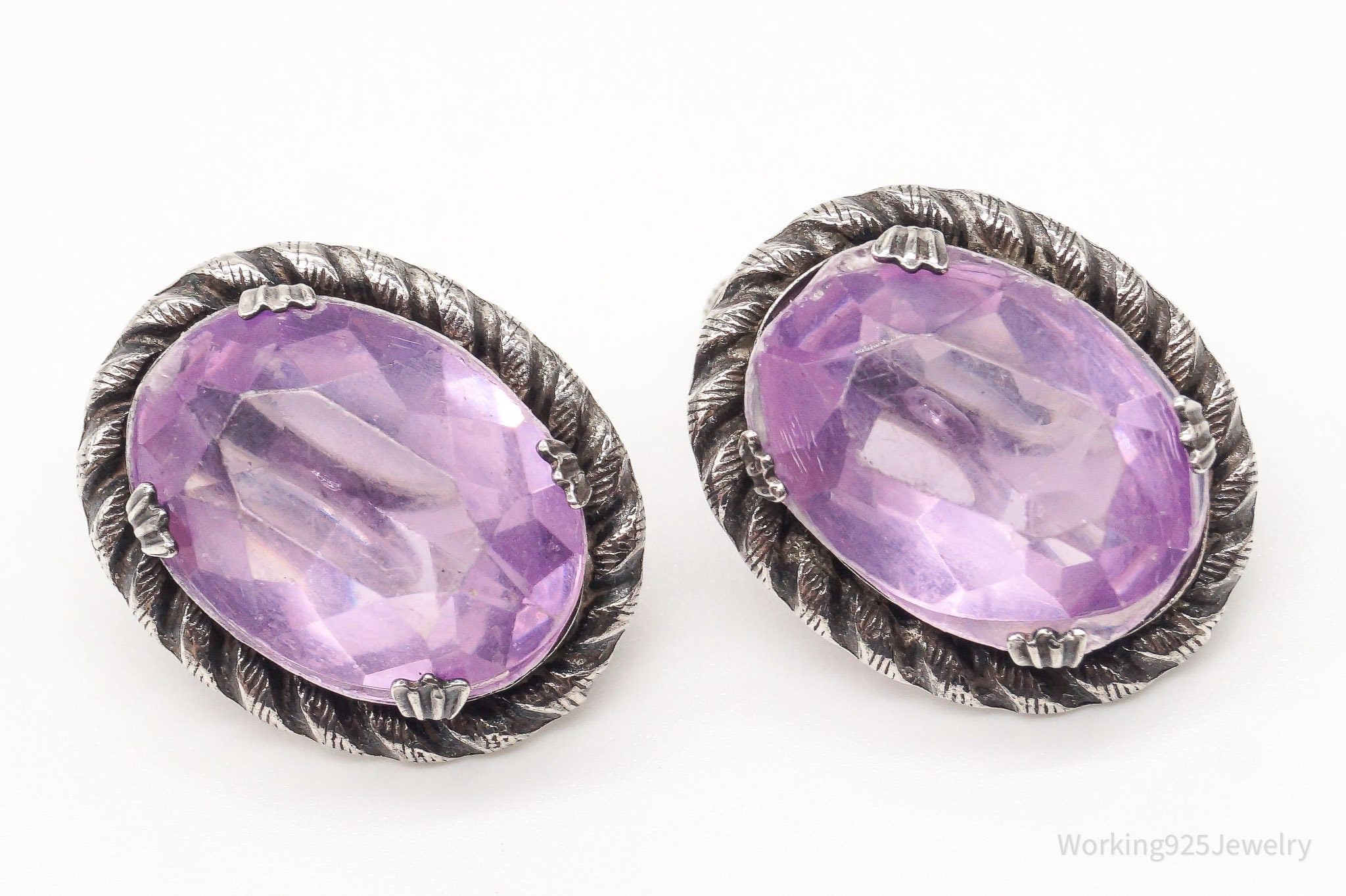 Antique Purple Faux Stone Sterling Silver Screw Back Earrings