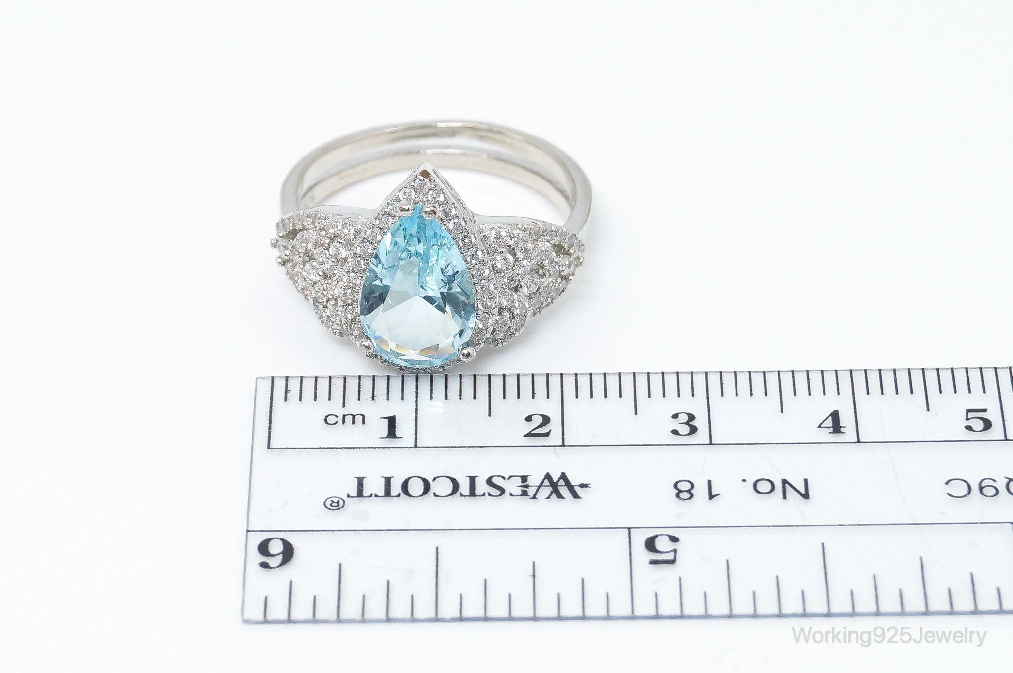 Vintage Blue Topaz Cubic Zirconia Sterling Silver Statement Ring Size 9.5