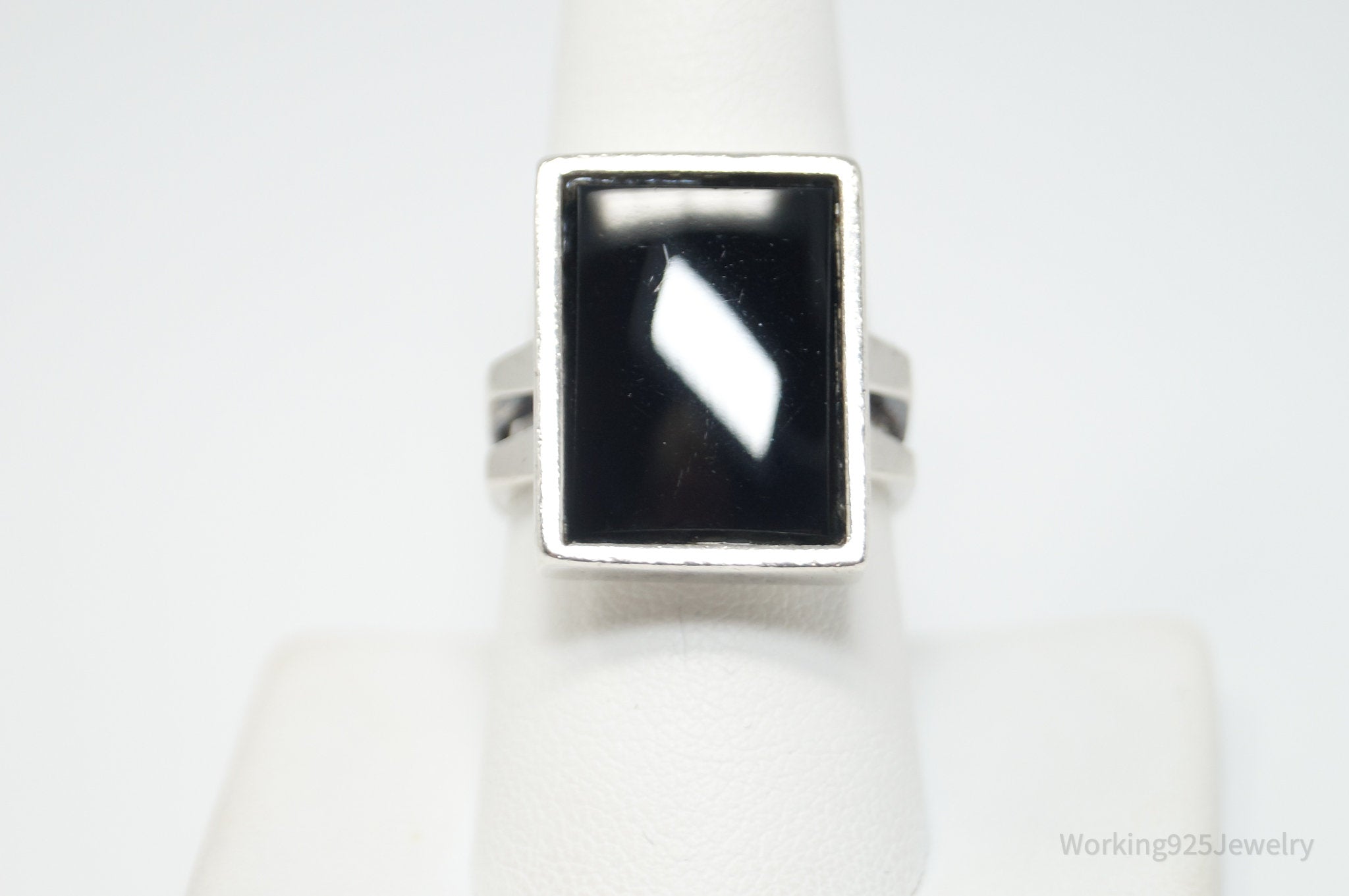 Long Vintage Art Deco Style Black Onyx Sterling Silver Ring - Sz 8.75