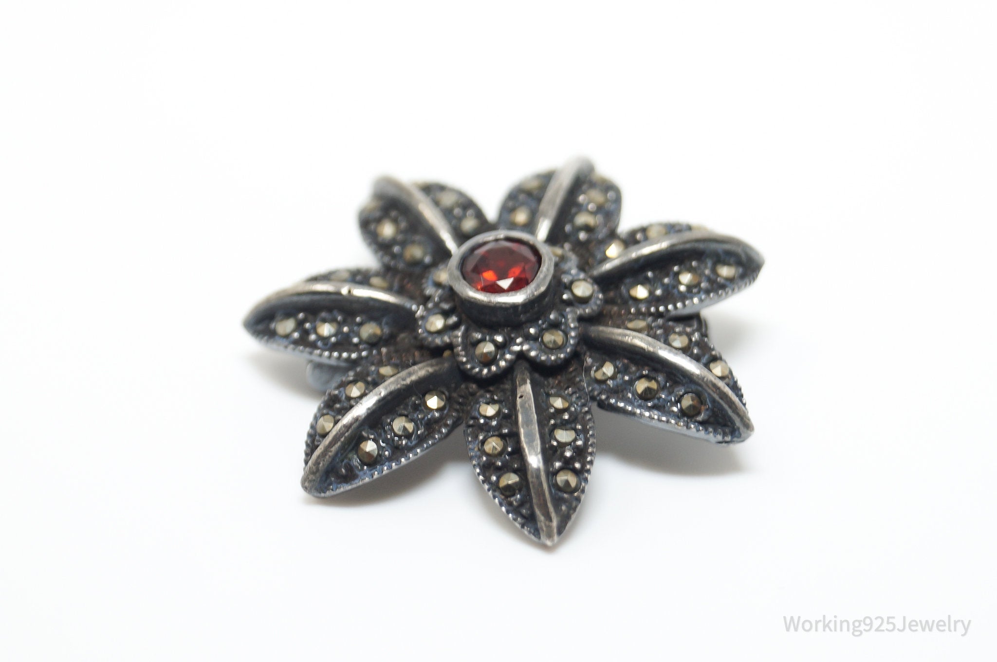 Vintage Garnet Marcasite Art Deco Style Floral Sterling Silver Brooch Pin