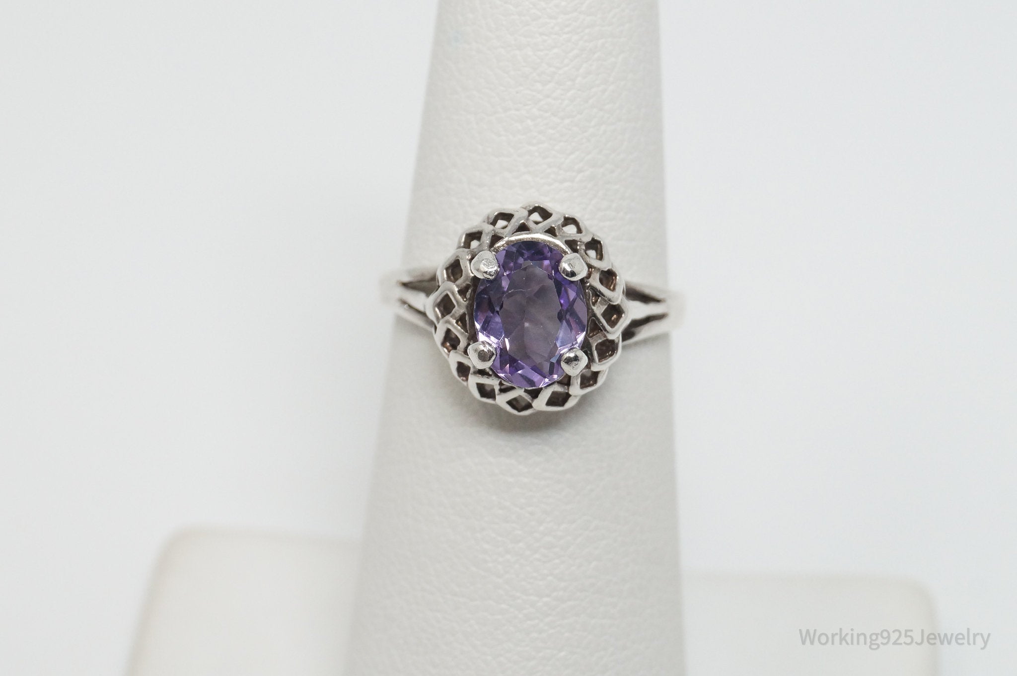 Vintage Art Deco Purple Amethyst Sterling Silver Ring - Sz 5.5