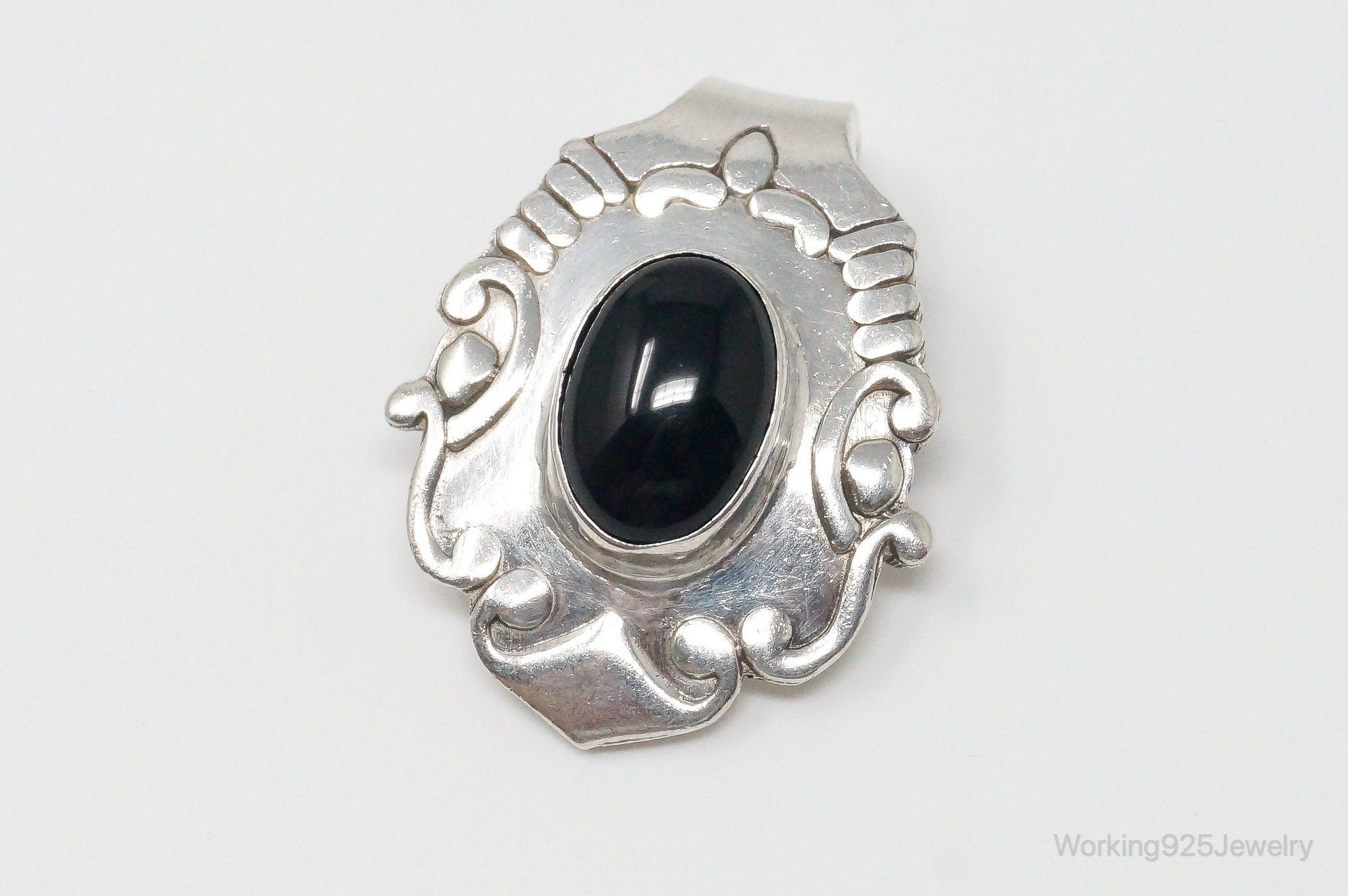 Large Vintage Mexico Black Onyx Art Deco Sterling Silver Pendant