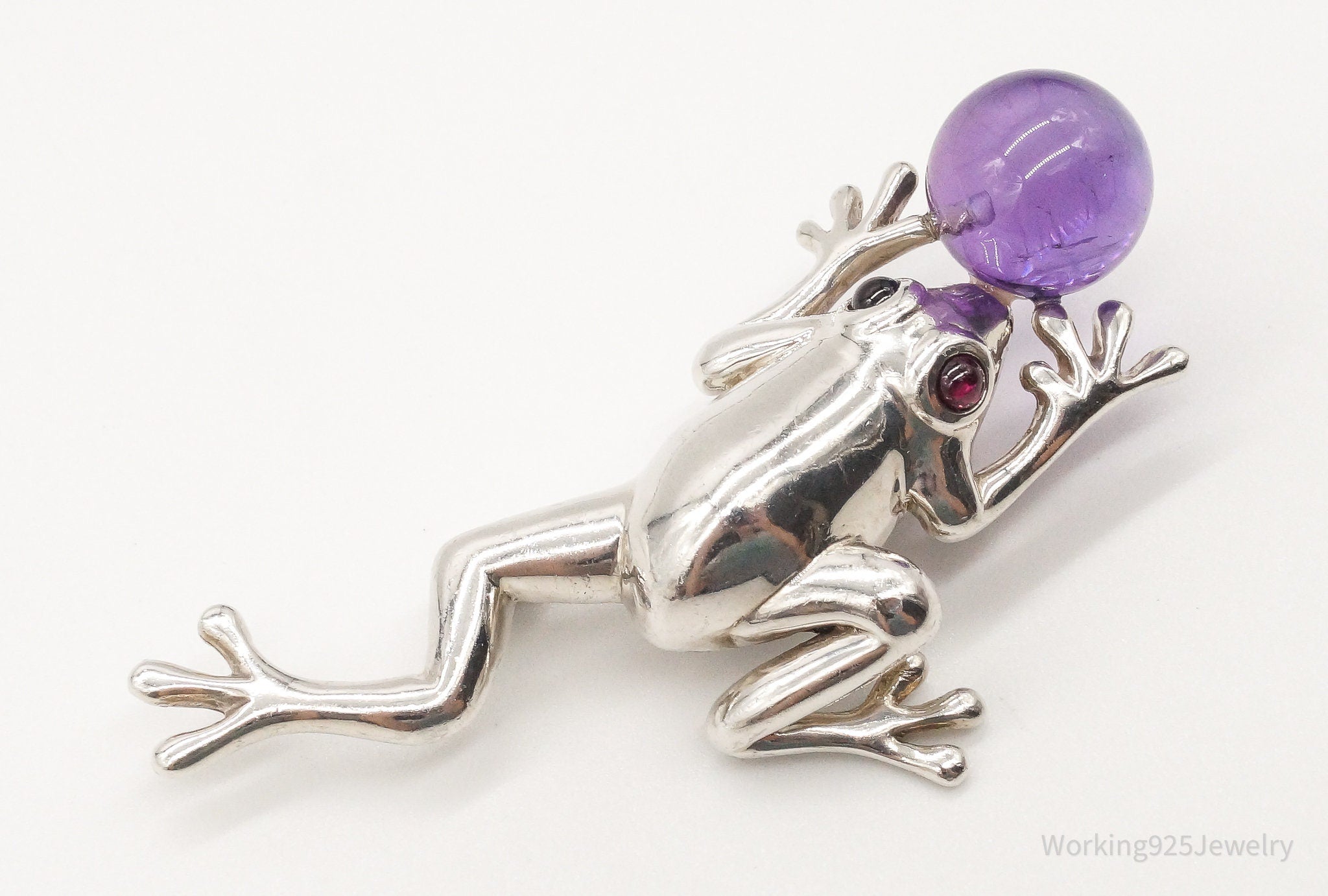 Large Vintage AC Studio Amethyst Garnet Frog Sterling Silver Brooch Pin