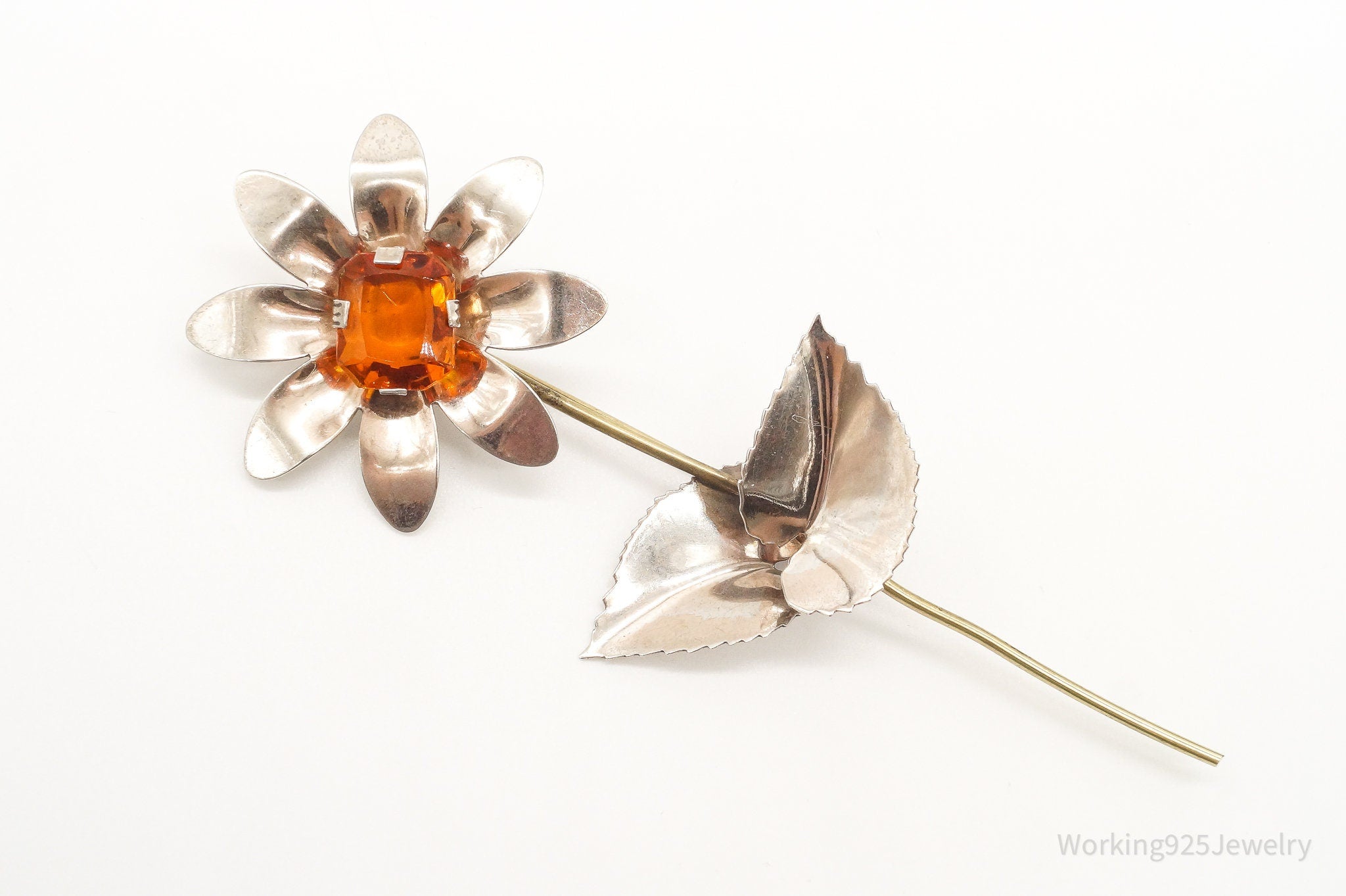 Antique Large Orange Stone Flower Sterling Silver Brooch Pin