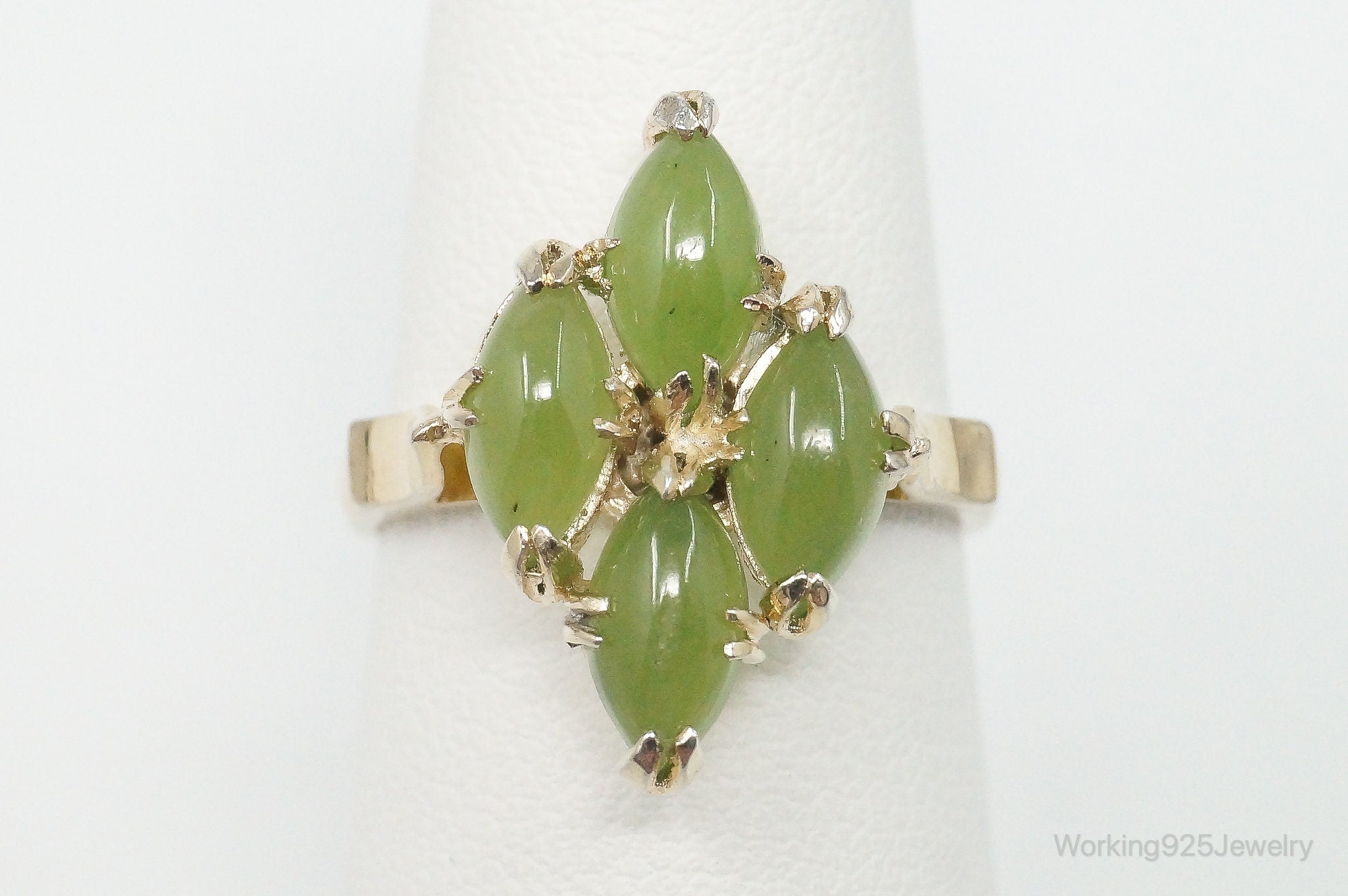 Antique Prehnite Art Deco Gold Vermeil Sterling Silver Ring - Size 5.75