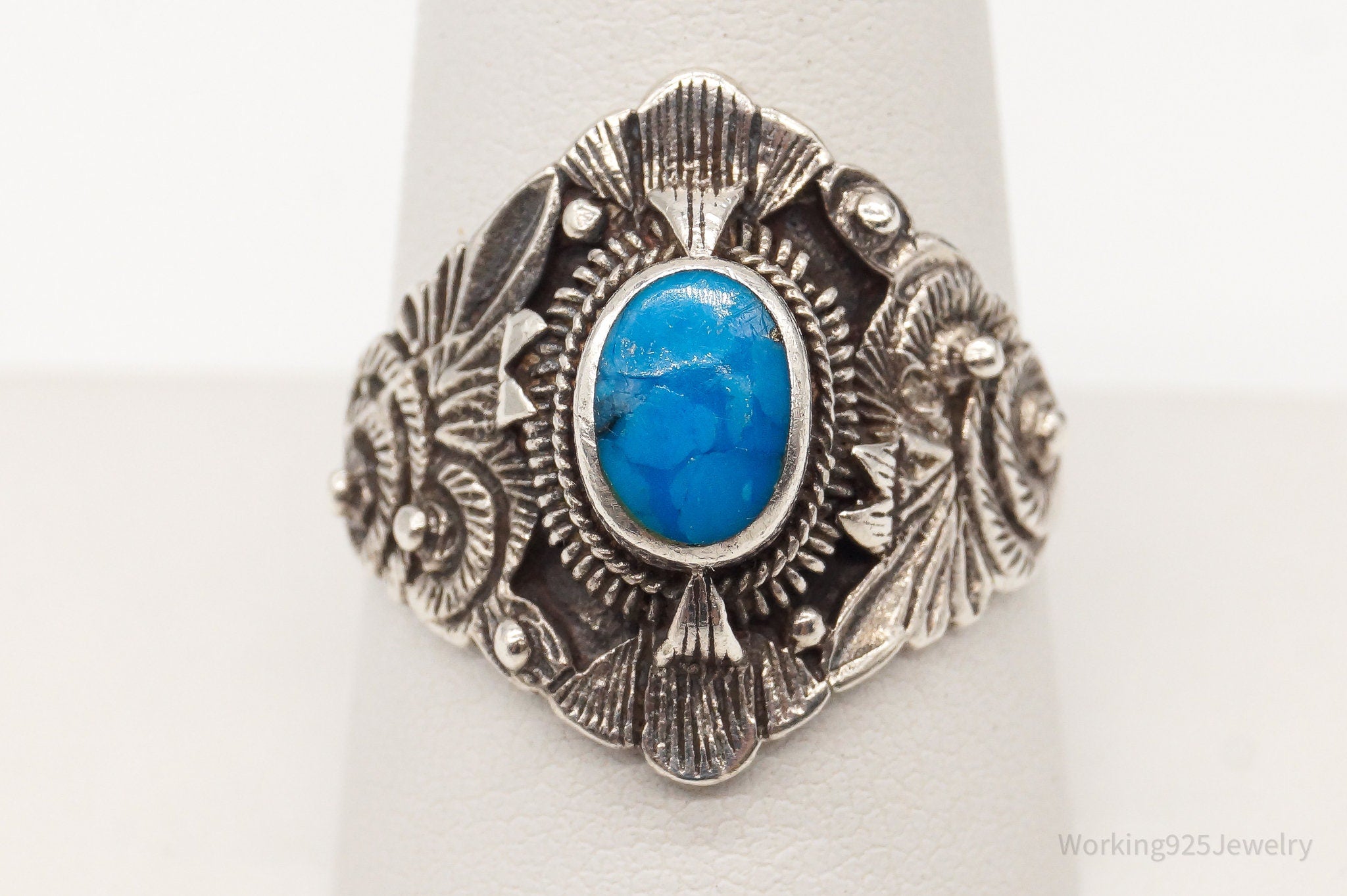 Vintage Blue Turquoise Sterling Silver Ring - Size 10