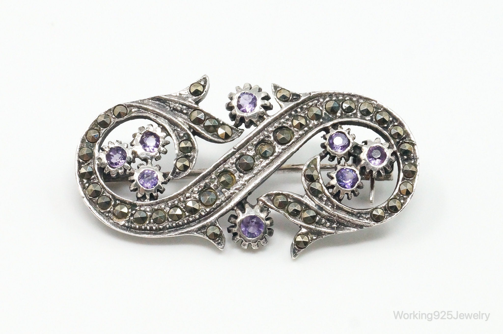 Vintage Designer FAS Amethyst Marcasite Art Deco Sterling Brooch Pin