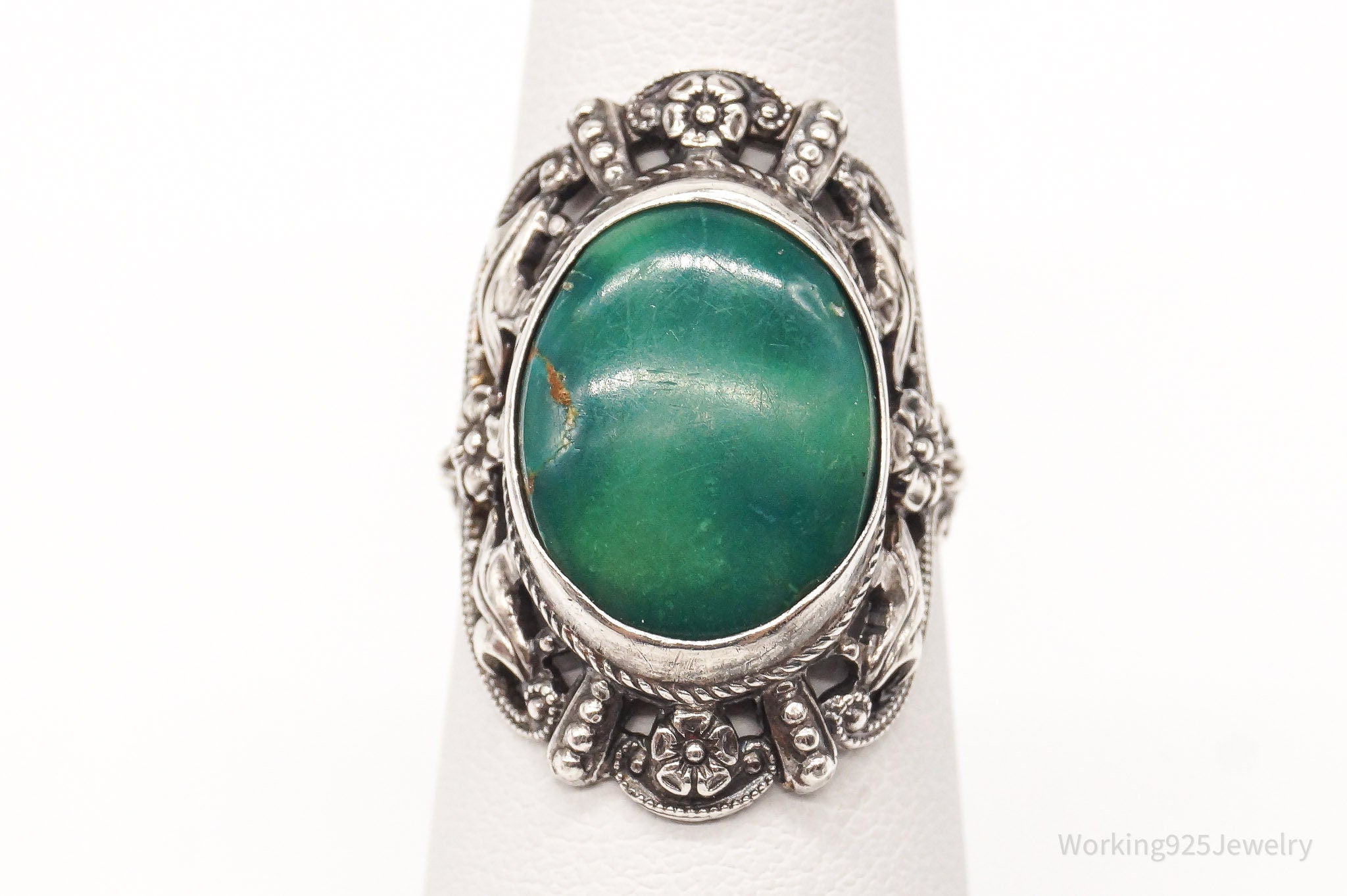 Antique Turquoise Ornate Floral Sterling Silver Ring - Size 6